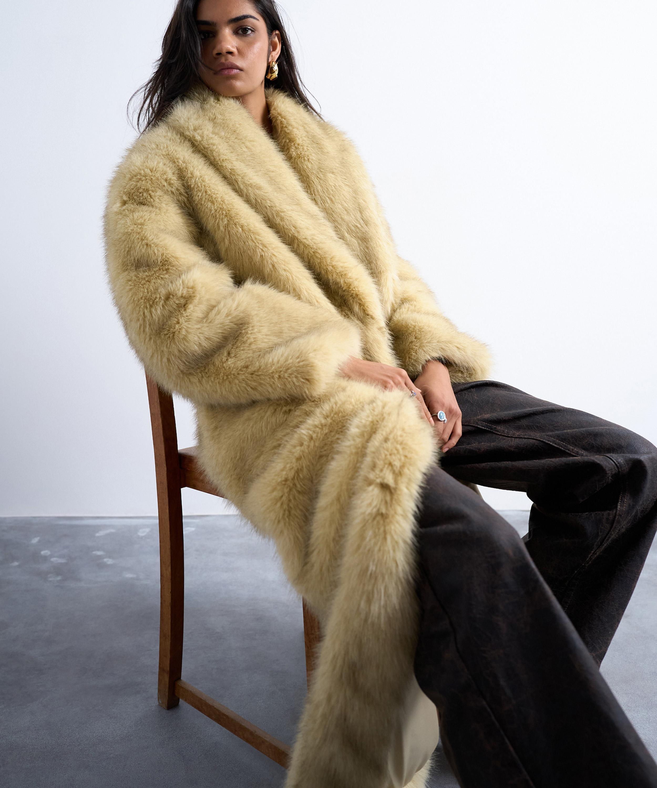 TOPSHOP - Yellow Faux Fur Super-Long Coat image number 2
