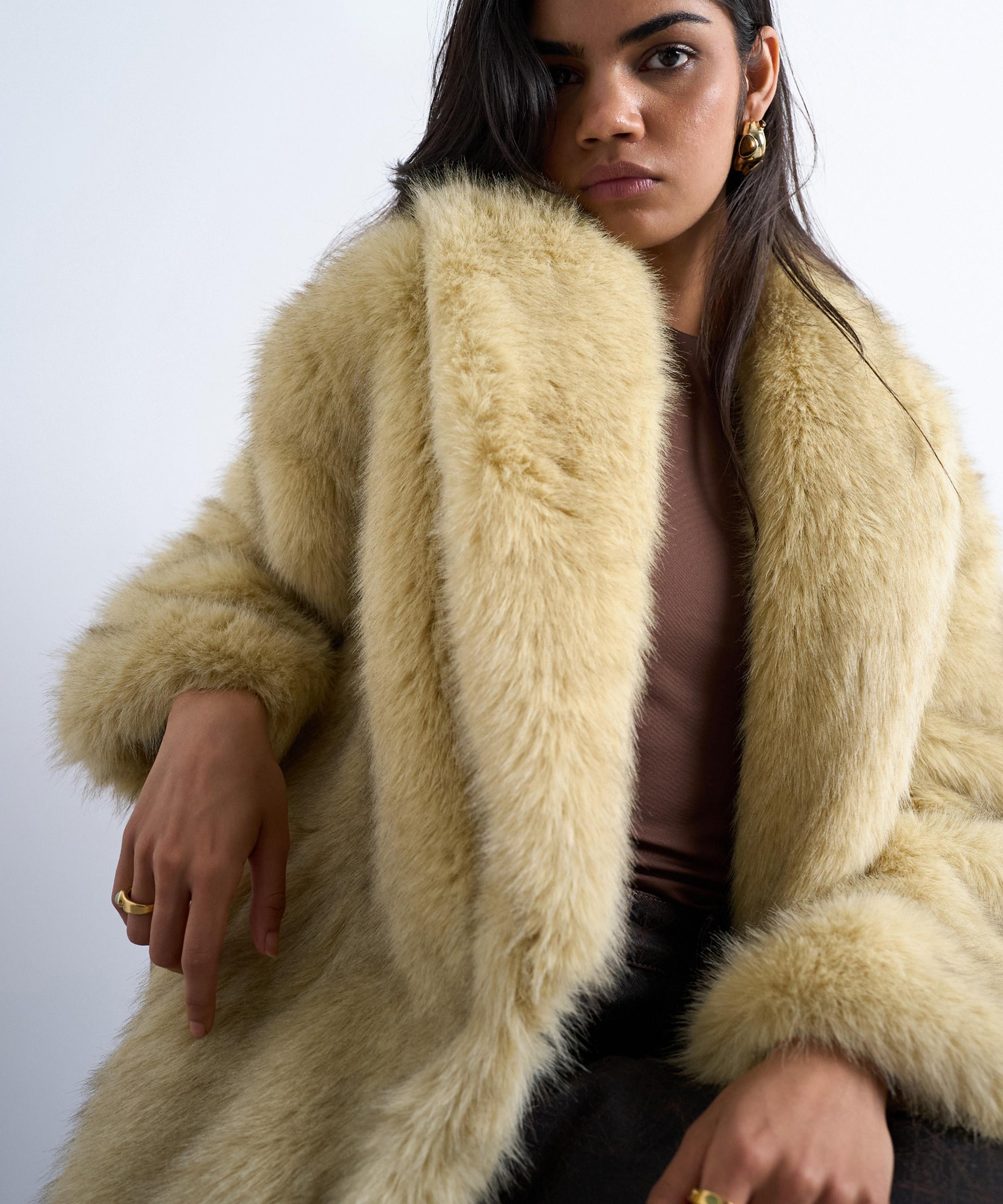 TOPSHOP - Yellow Faux Fur Super-Long Coat image number 3