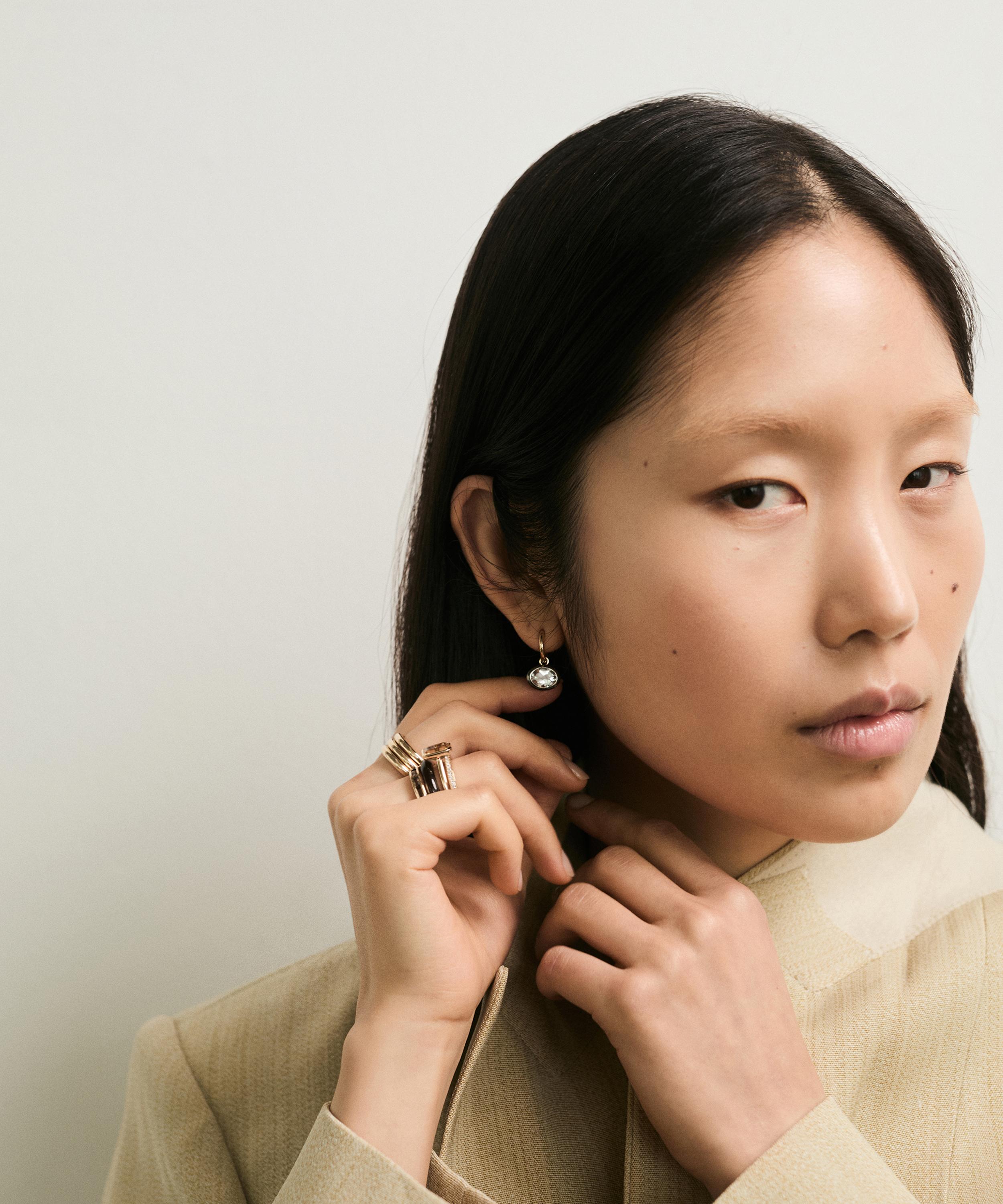 By Pariah - 14ct Gold XL Orbit White Topaz and Black Rhodium Drop Hoop Earrings image number 1