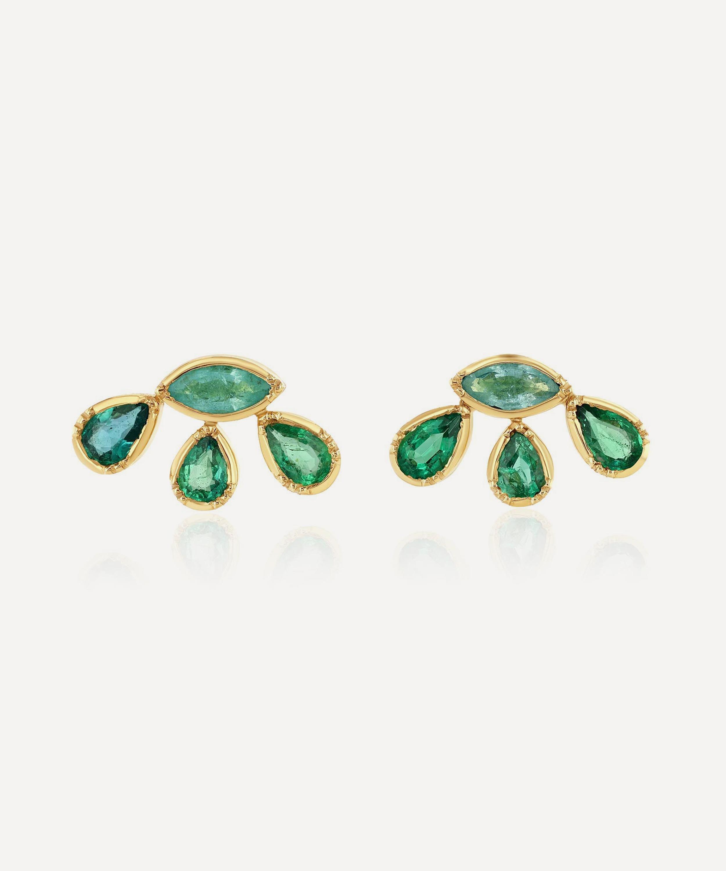 Brooke Gregson - 18ct Gold Paraiba Tourmaline Emerald Flower Stud Earrings