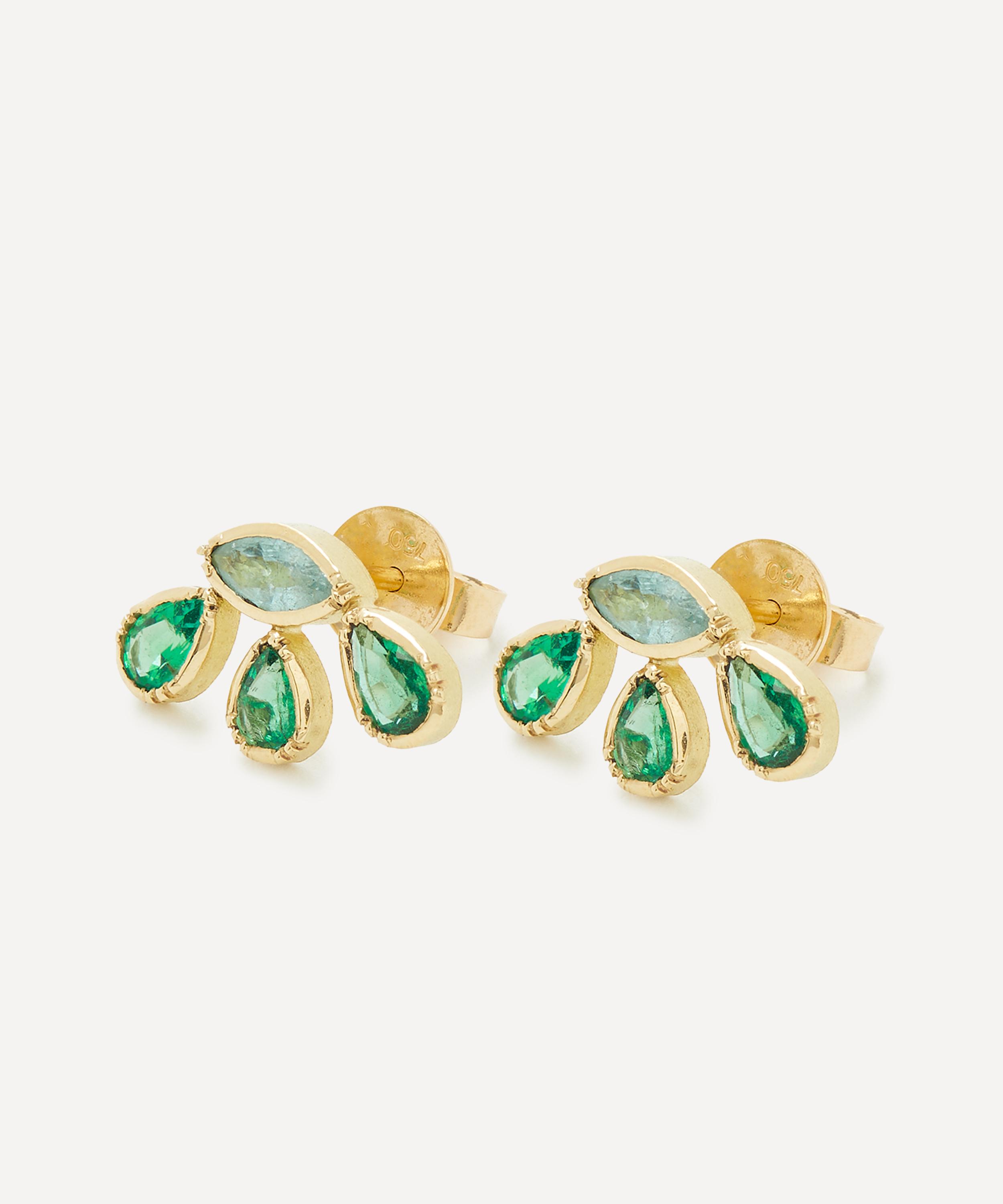 Brooke Gregson - 18ct Gold Paraiba Tourmaline Emerald Flower Stud Earrings image number 1