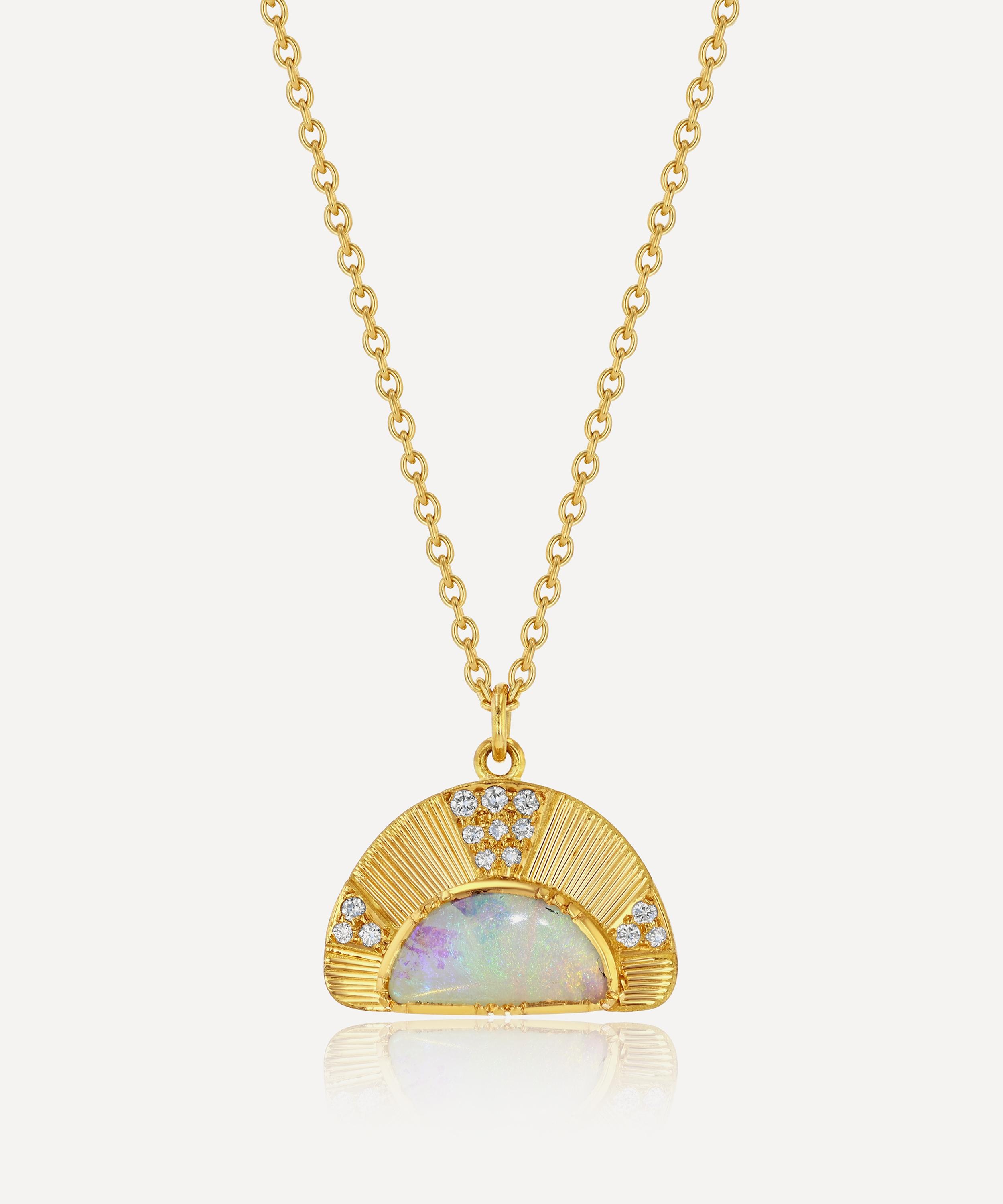 Brooke Gregson - 18ct Gold Engraved Sun Ray Opal Diamond Pendant Necklace