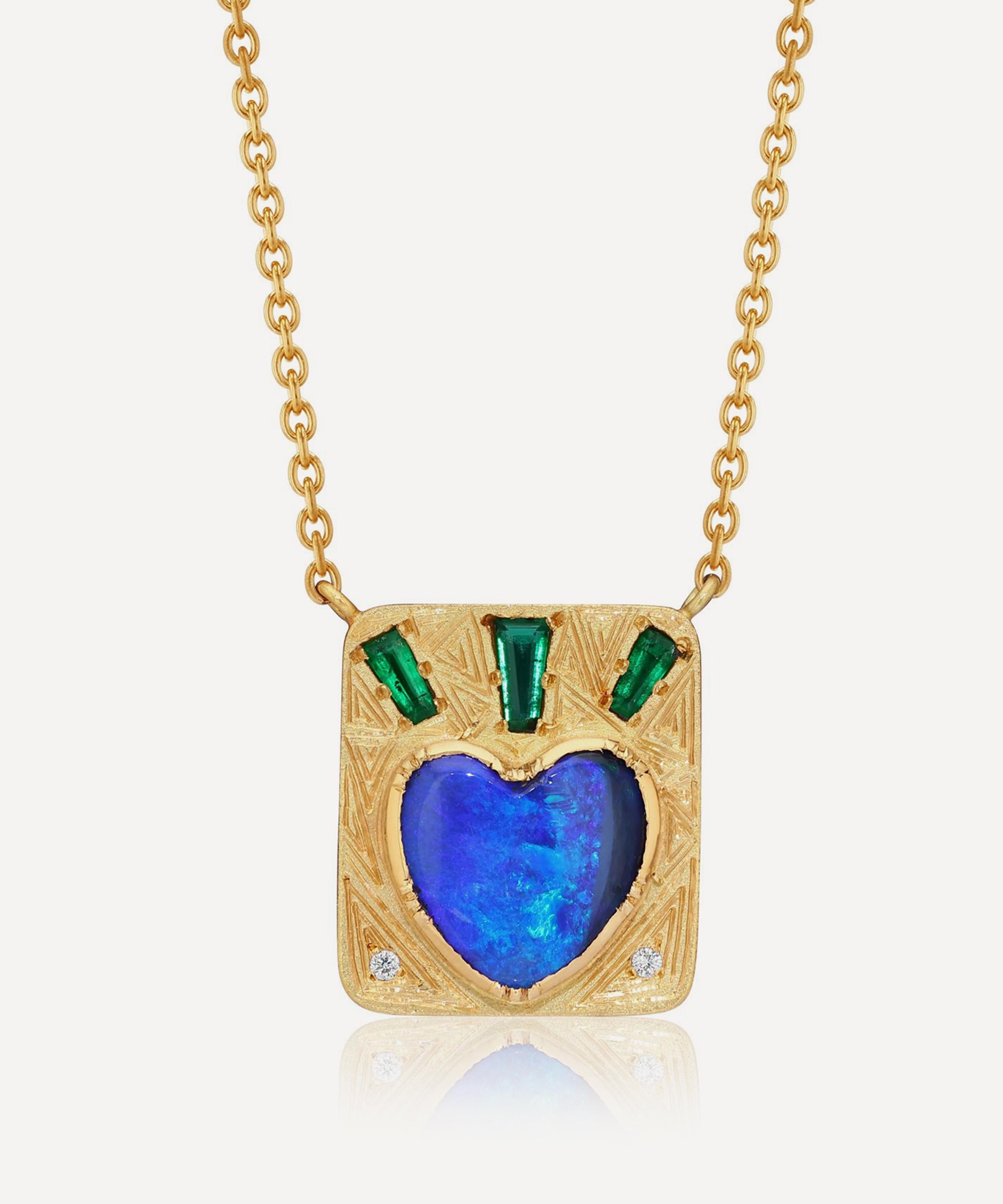 Brooke Gregson - 18ct Gold Radiant Heart Opal Emerald Engraved Pendant Necklace