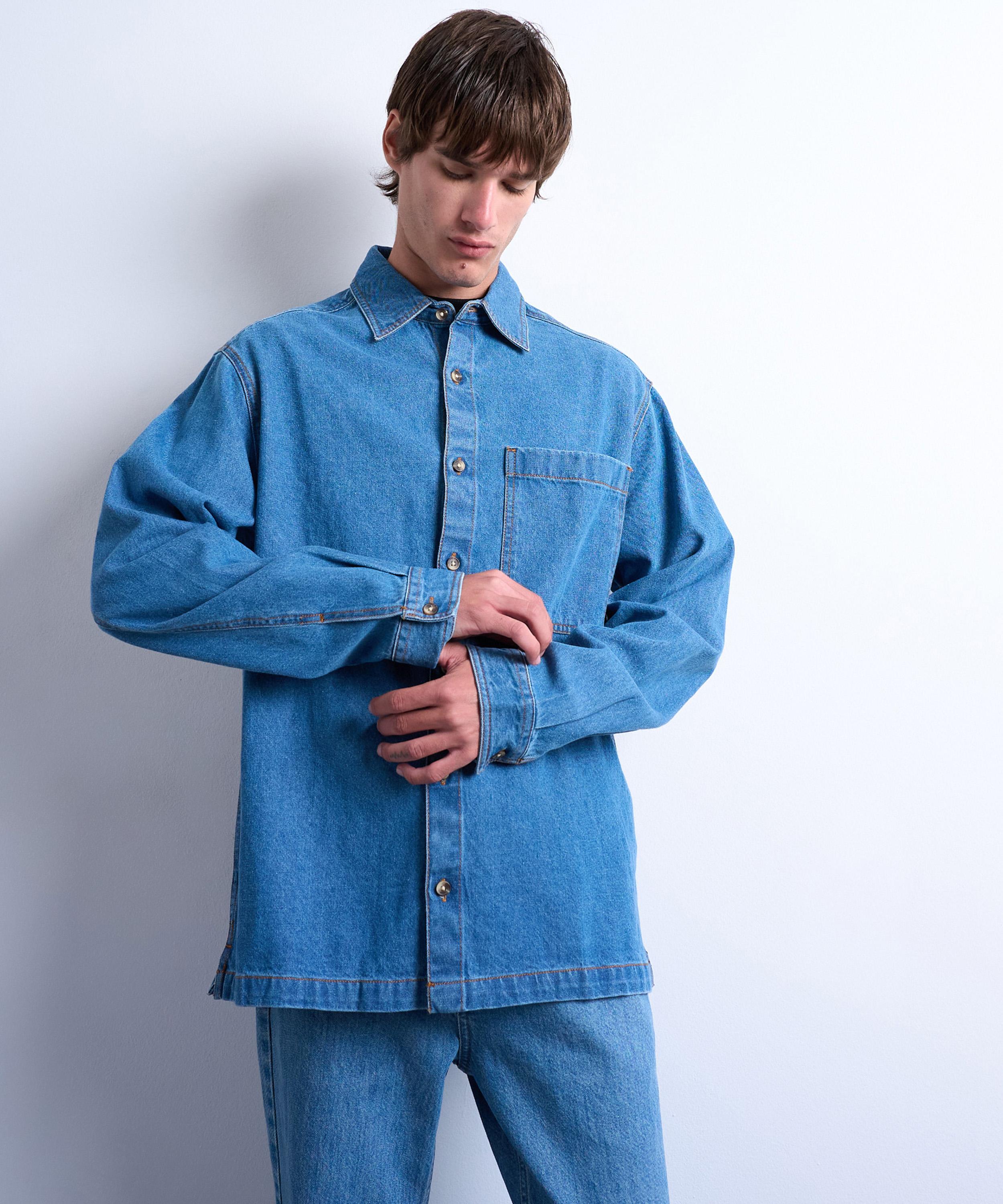 TOPMAN - Blue Long-Sleeve Washed Denim Shirt image number 0