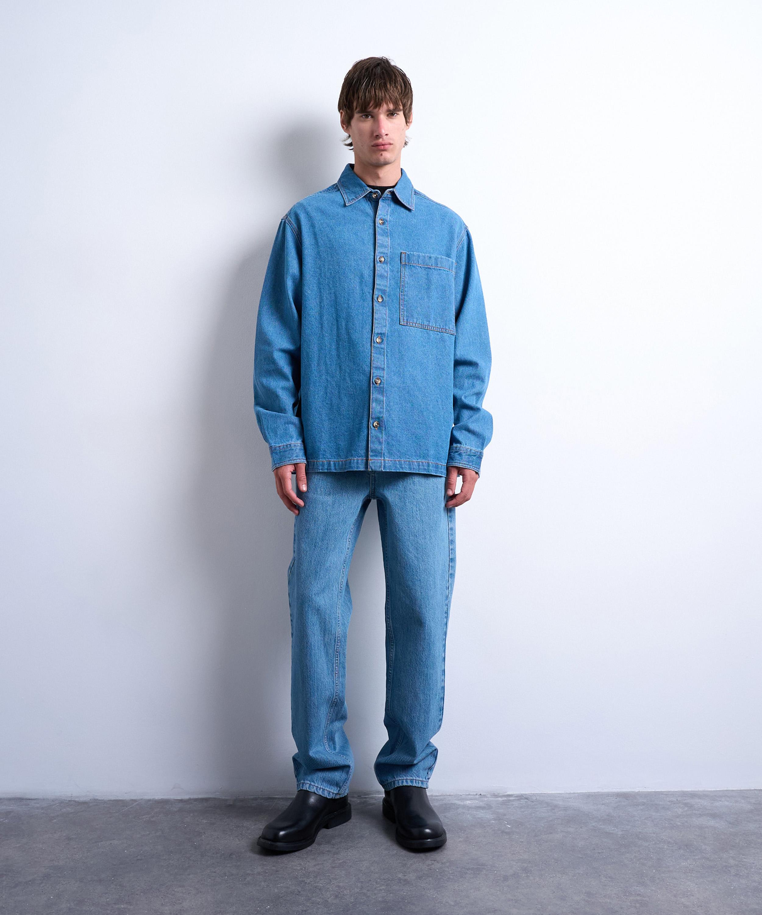 TOPMAN - Blue Long-Sleeve Washed Denim Shirt image number 1