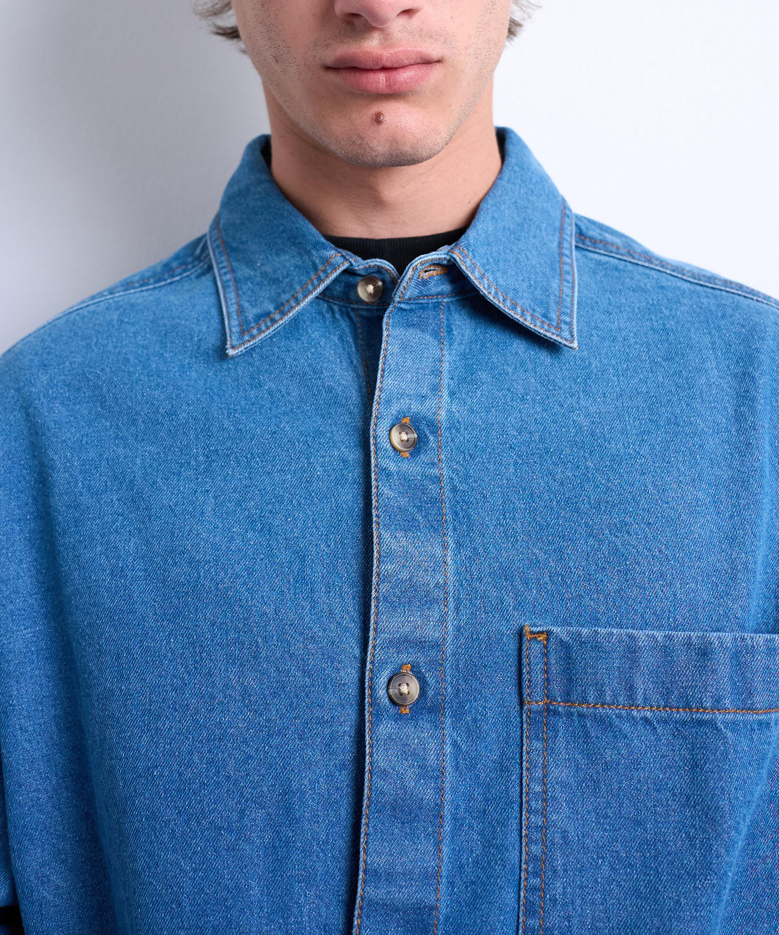 TOPMAN - Blue Long-Sleeve Washed Denim Shirt image number 2