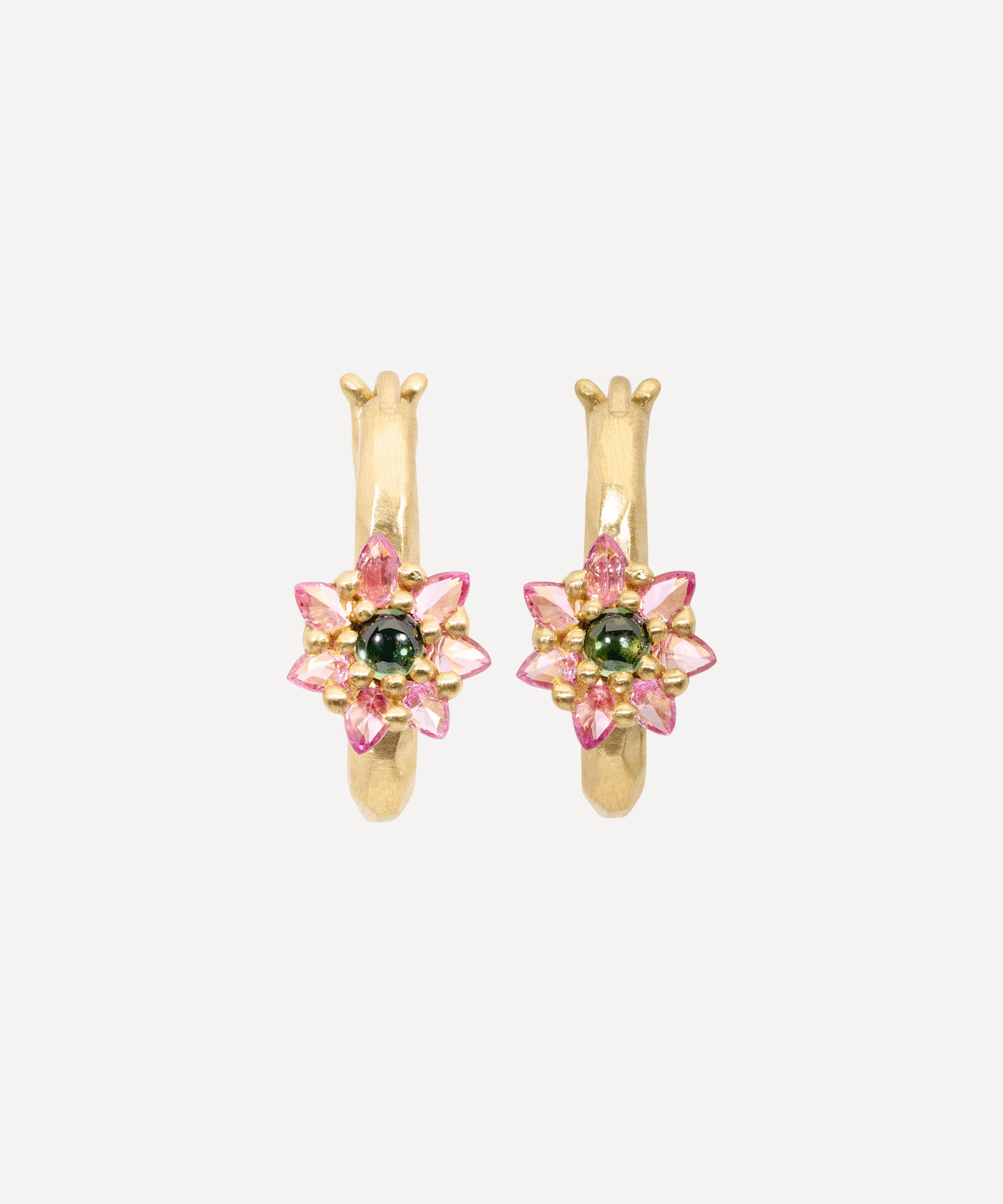 Polly Wales - 18ct Gold Small Green and Pink Daisy Oval Hoop Earrings image number 0