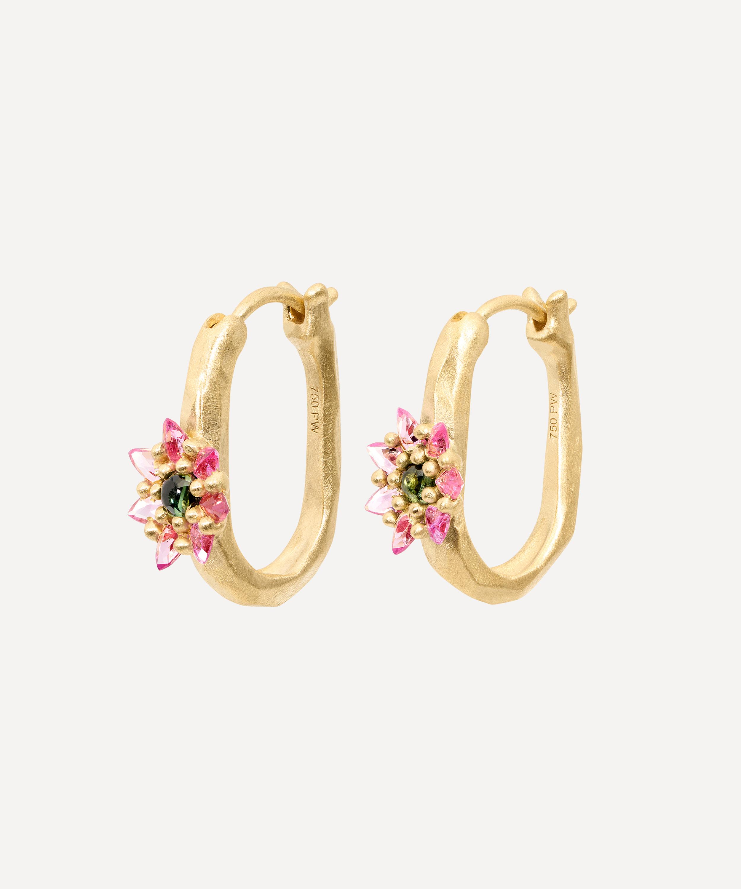 Polly Wales - 18ct Gold Small Green and Pink Daisy Oval Hoop Earrings image number 1