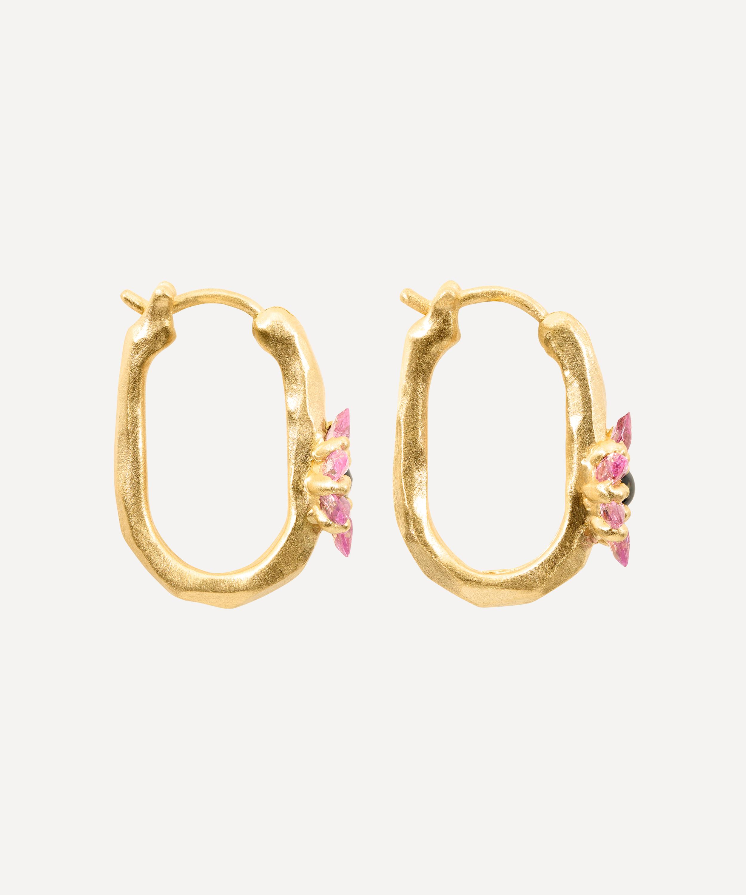 Polly Wales - 18ct Gold Small Green and Pink Daisy Oval Hoop Earrings image number 2
