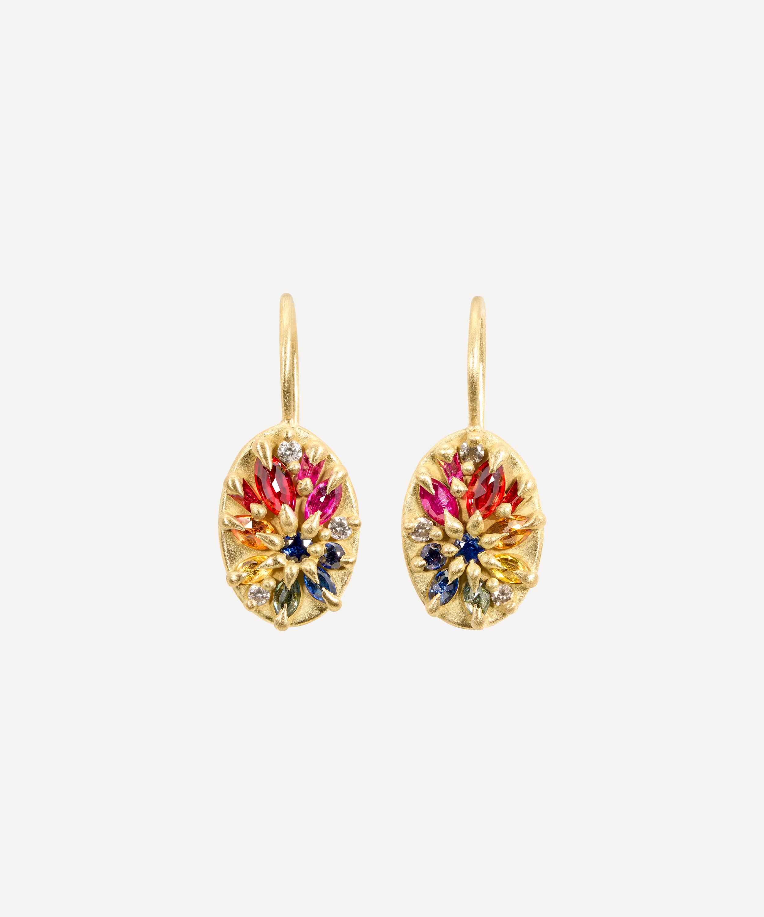 Polly Wales - 18ct Gold Rainbow Lotus Drop Earrings image number 0