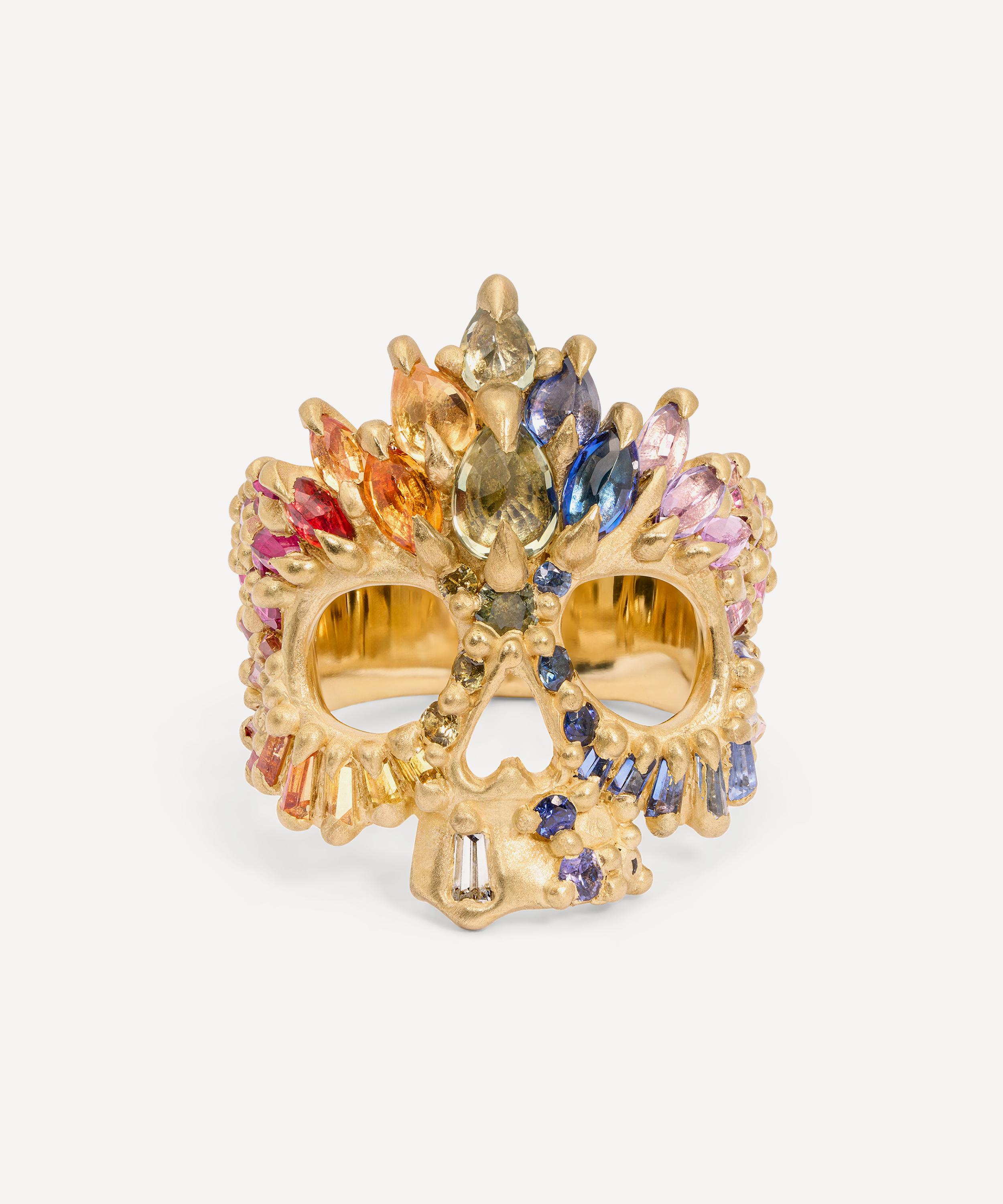 Polly Wales - 18ct Gold Rainbow Arcus Sapphire Skull Ring