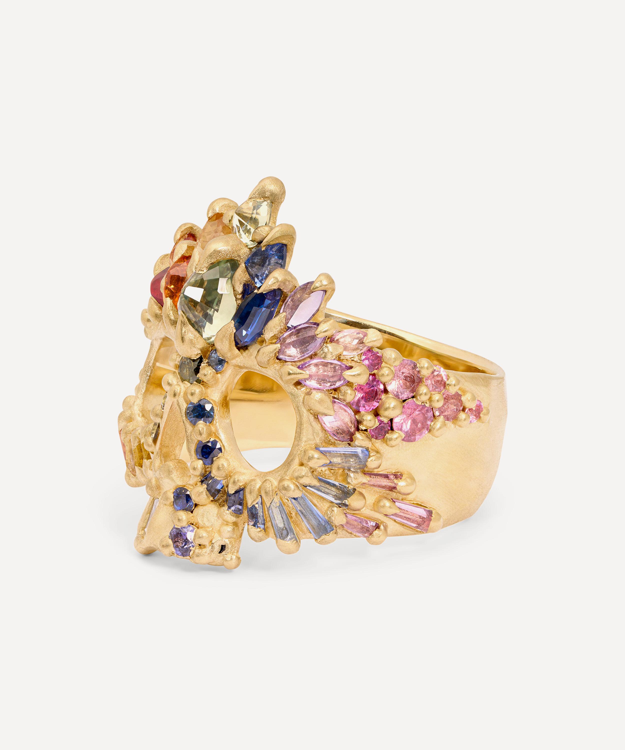 Polly Wales - 18ct Gold Rainbow Arcus Sapphire Skull Ring image number 2