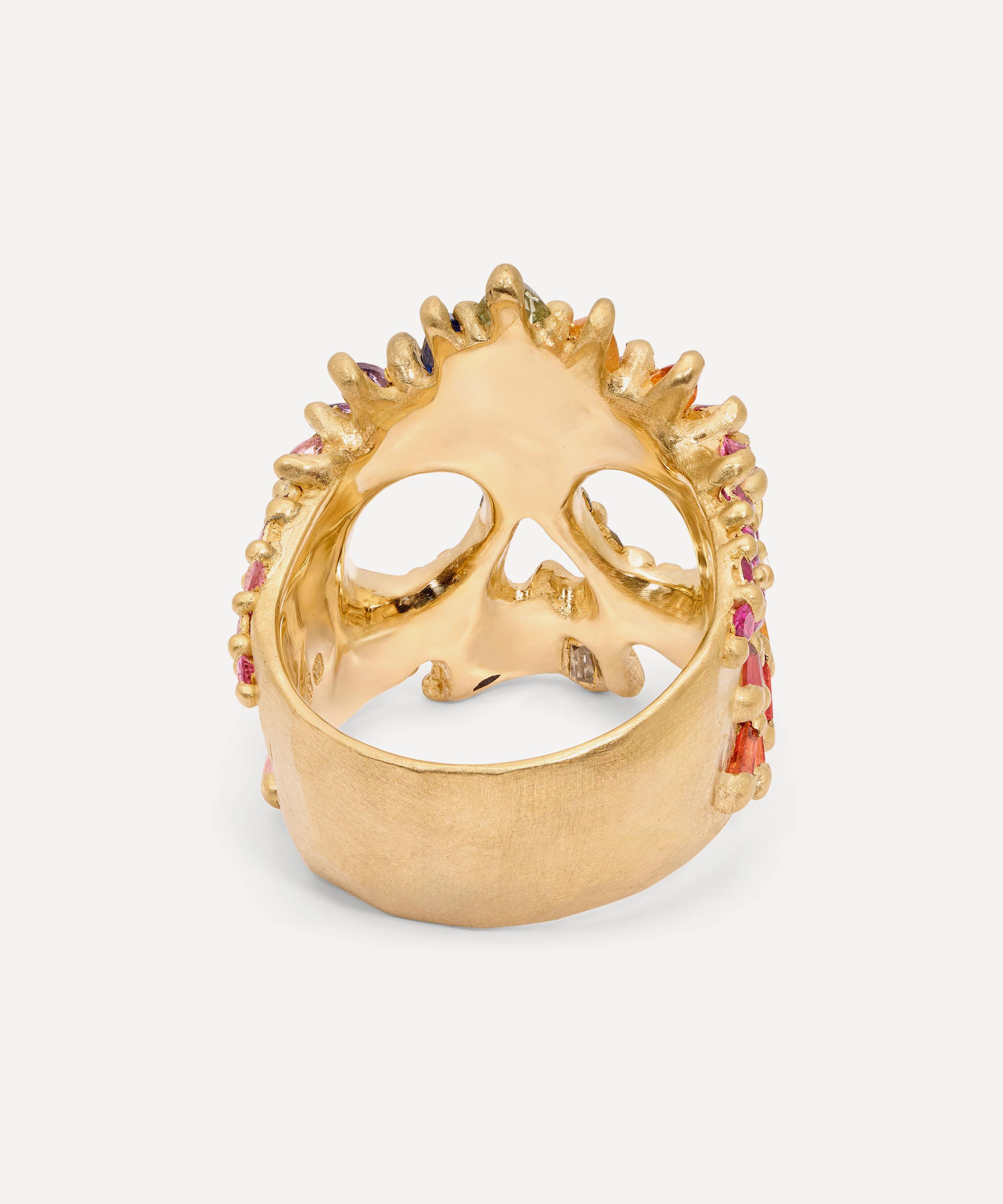 Polly Wales - 18ct Gold Rainbow Arcus Sapphire Skull Ring image number 3