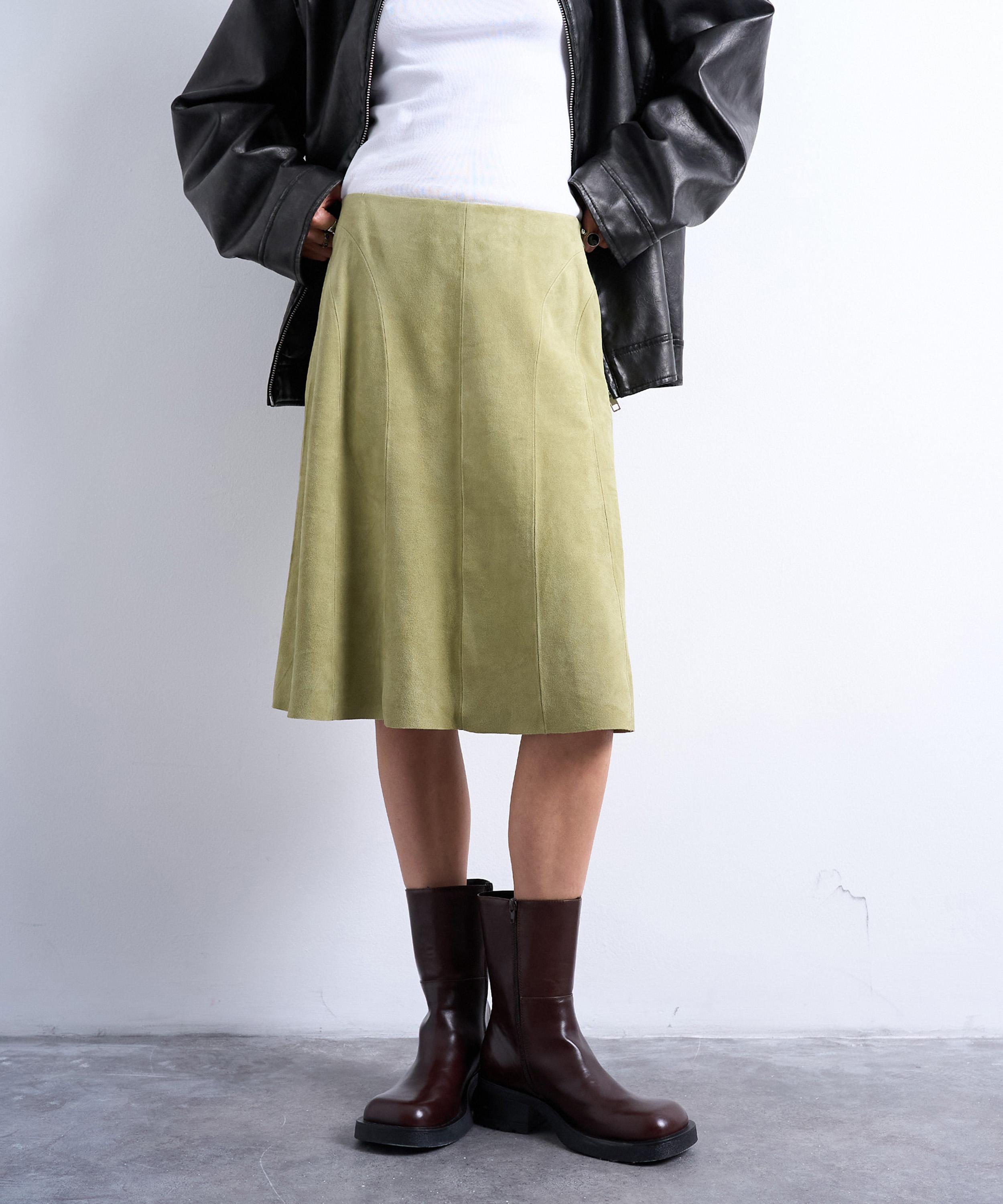 TOPSHOP - Avocado Suede Panelled Midi Skirt image number 0