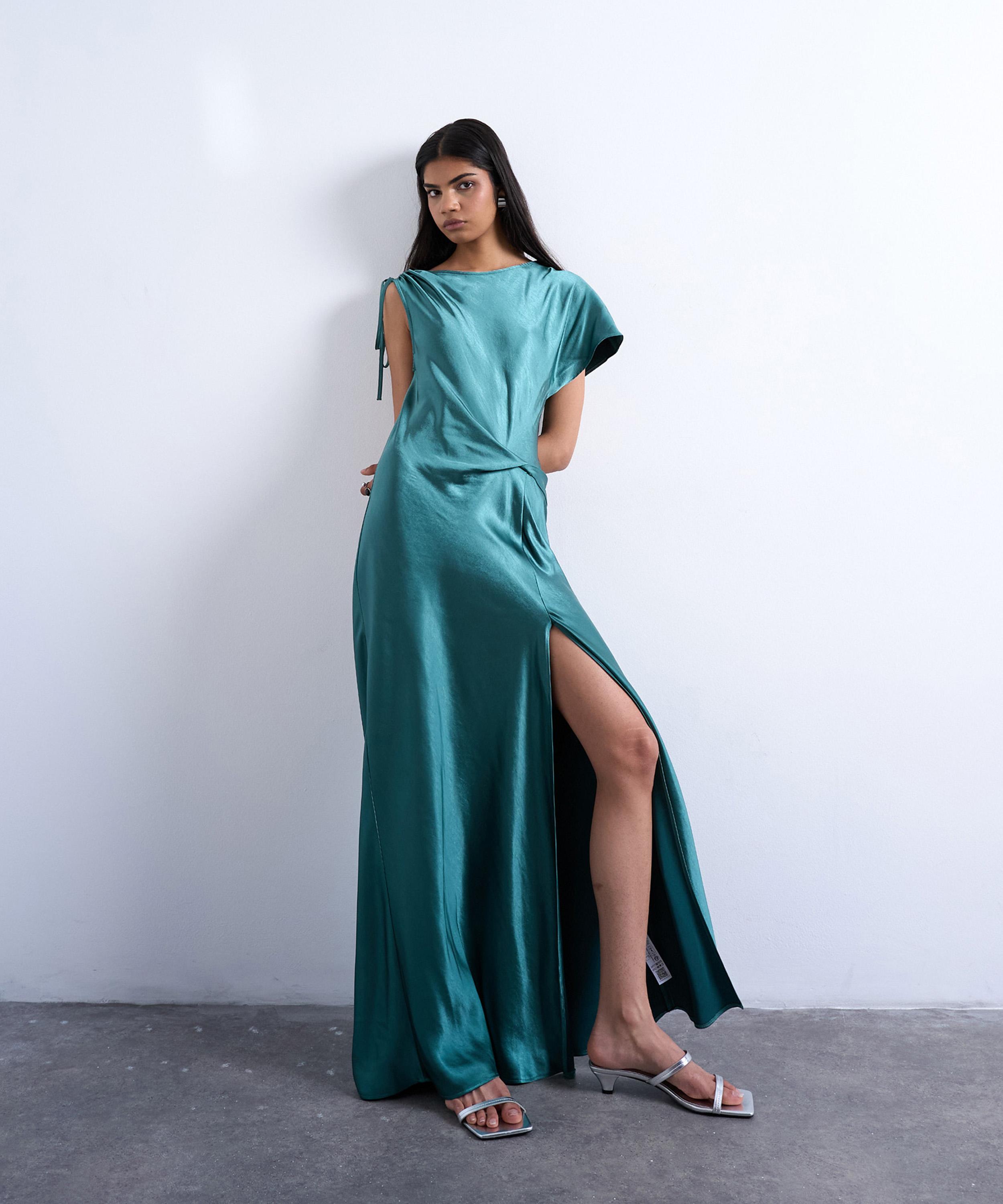 TOPSHOP - Petrol Asymmetric Side Tuck Satin Midi Dress 