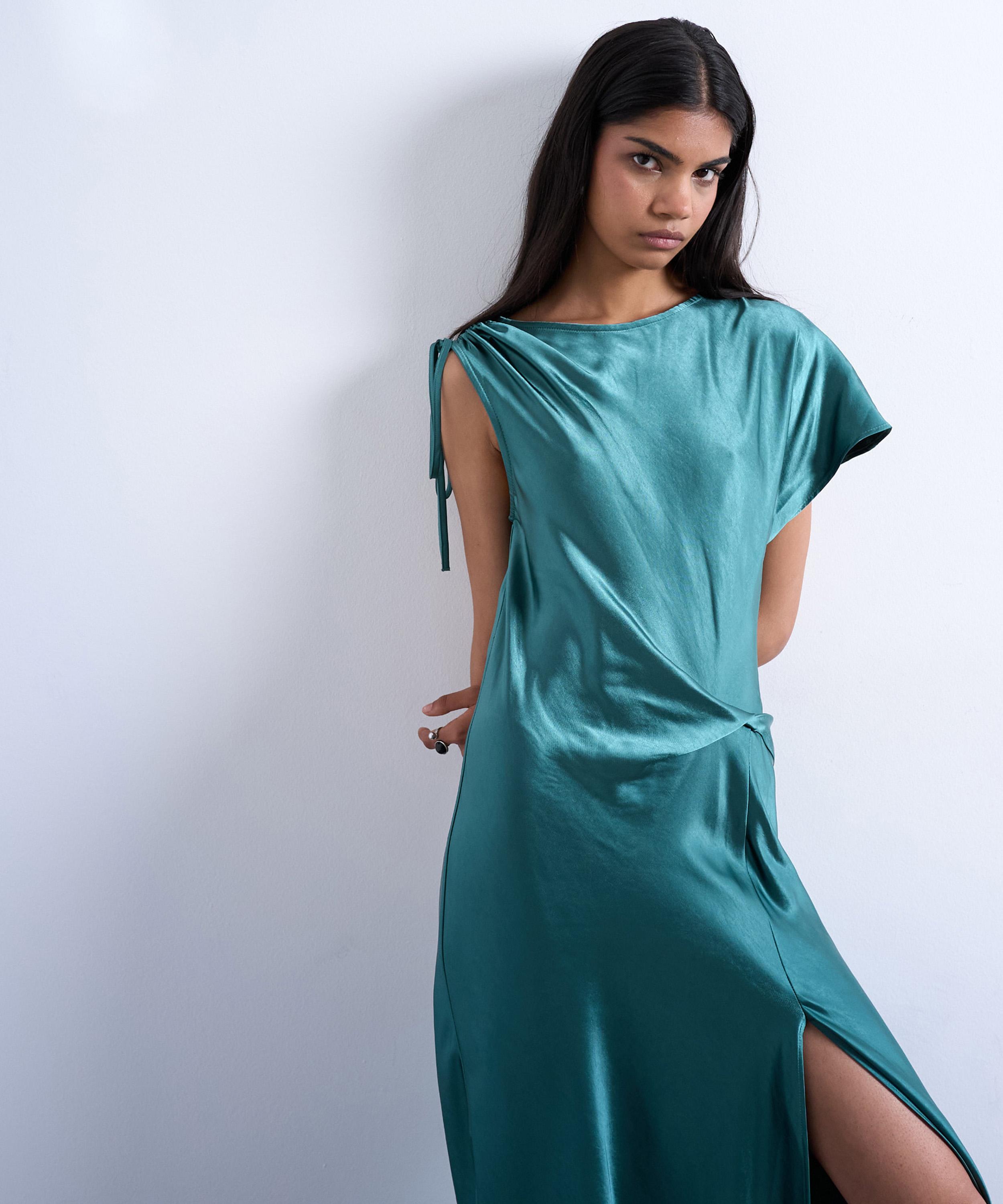 TOPSHOP - Petrol Asymmetric Side Tuck Satin Midi Dress  image number 1