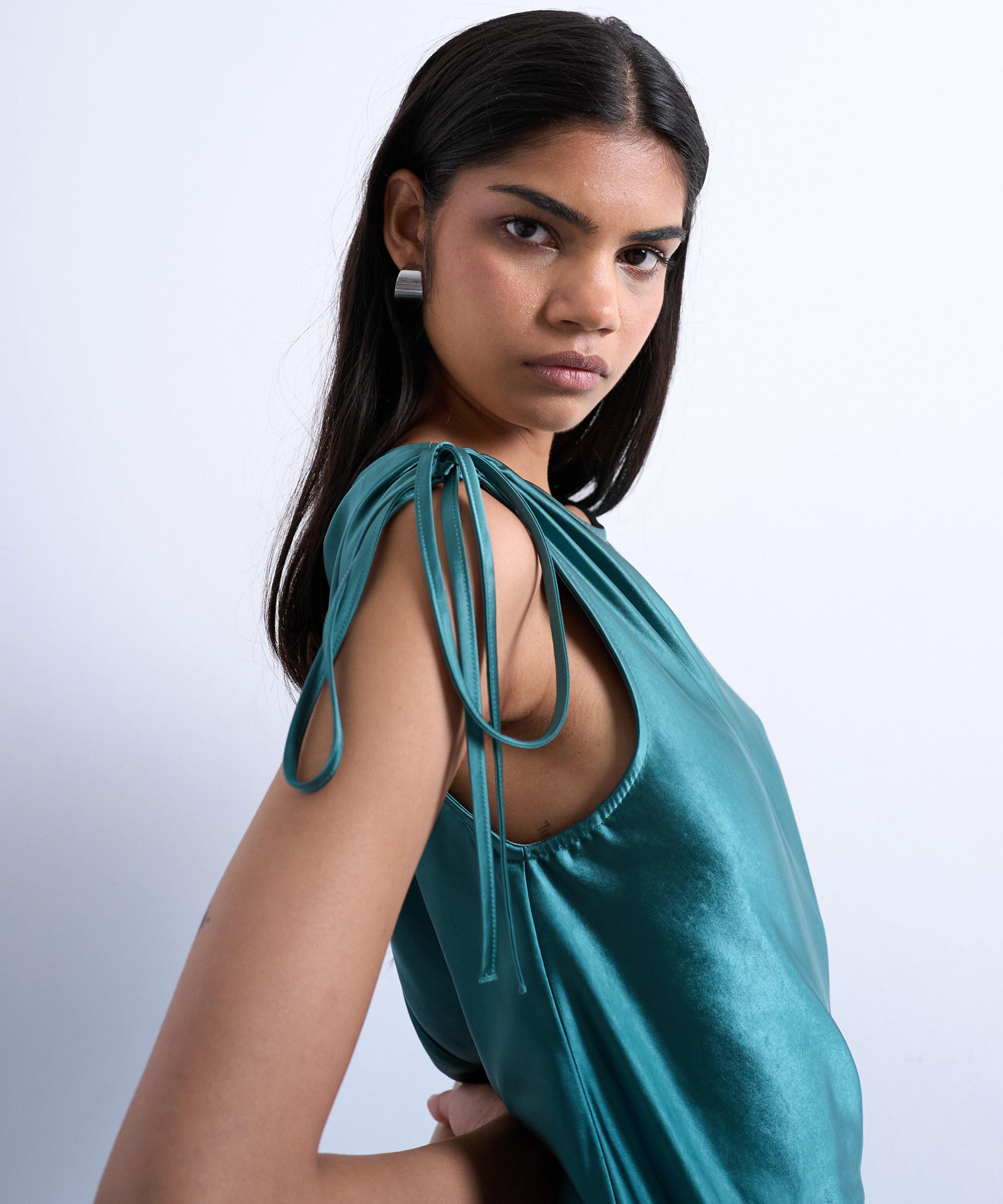 TOPSHOP - Petrol Asymmetric Side Tuck Satin Midi Dress  image number 2