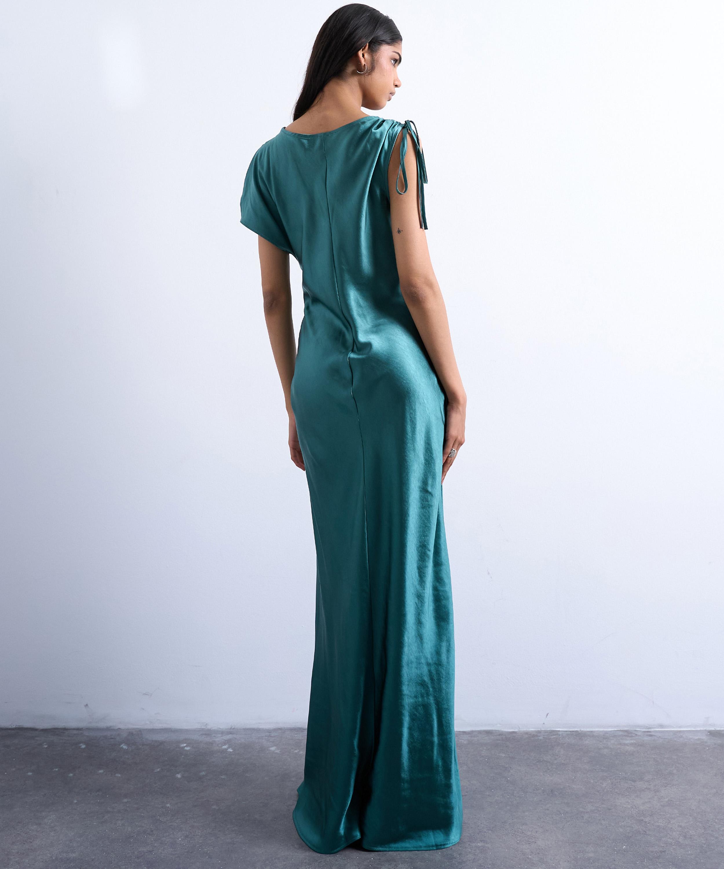 TOPSHOP - Petrol Asymmetric Side Tuck Satin Midi Dress  image number 3