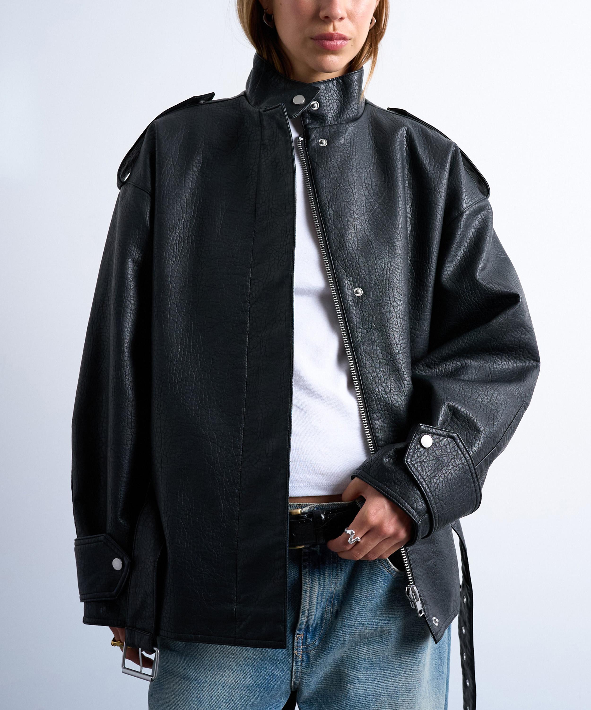 TOPSHOP - Black Faux Bubble Leather Belted Bomber Jacket