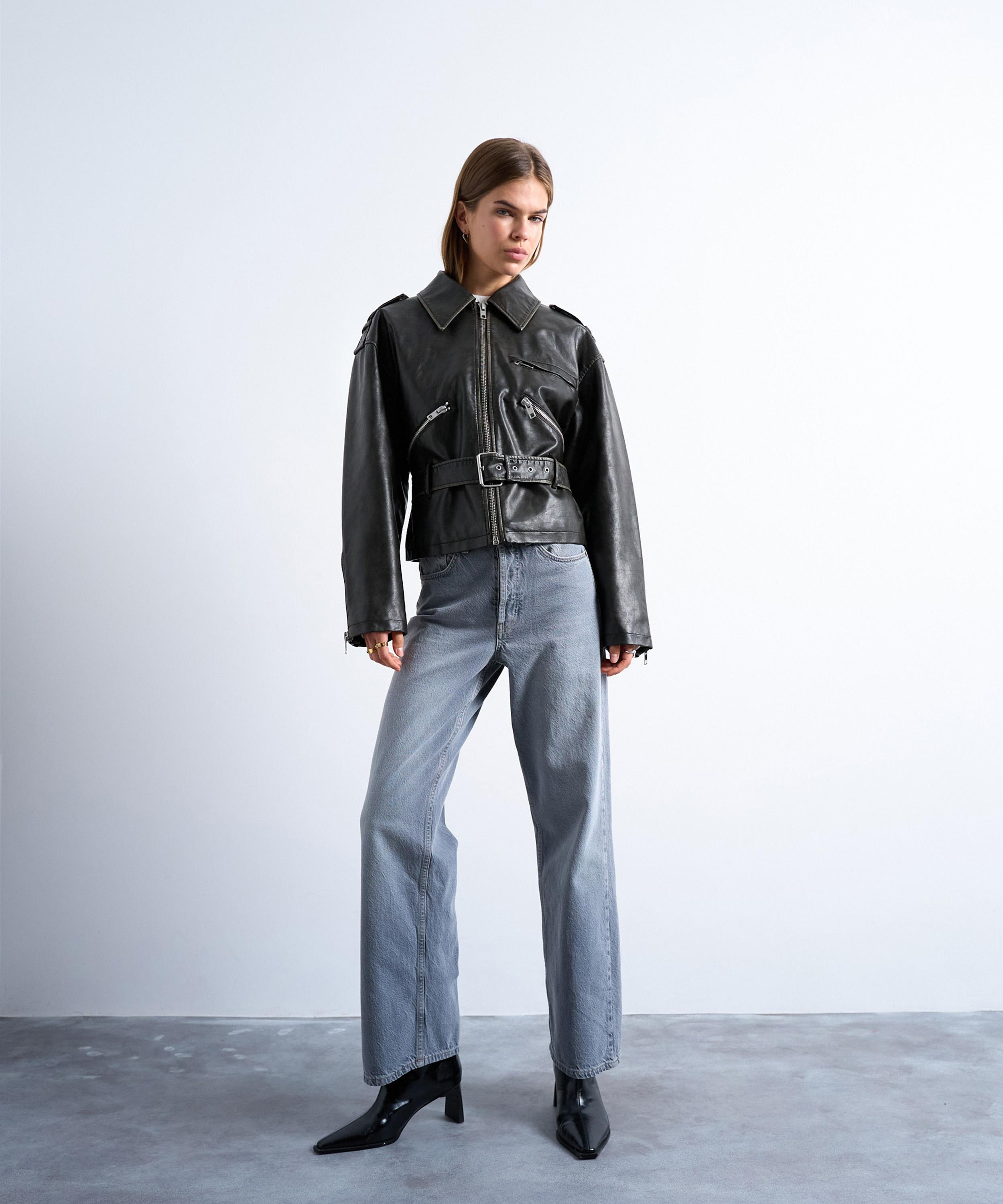 TOPSHOP - Washed Black Low Belted Biker Jacket image number 1