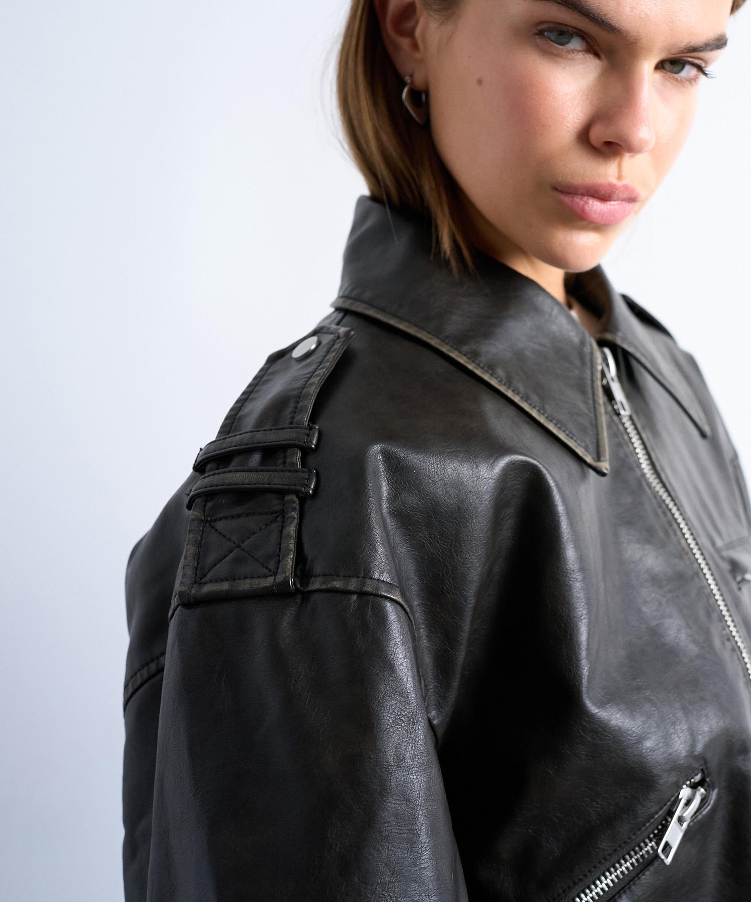 TOPSHOP - Washed Black Low Belted Biker Jacket image number 2