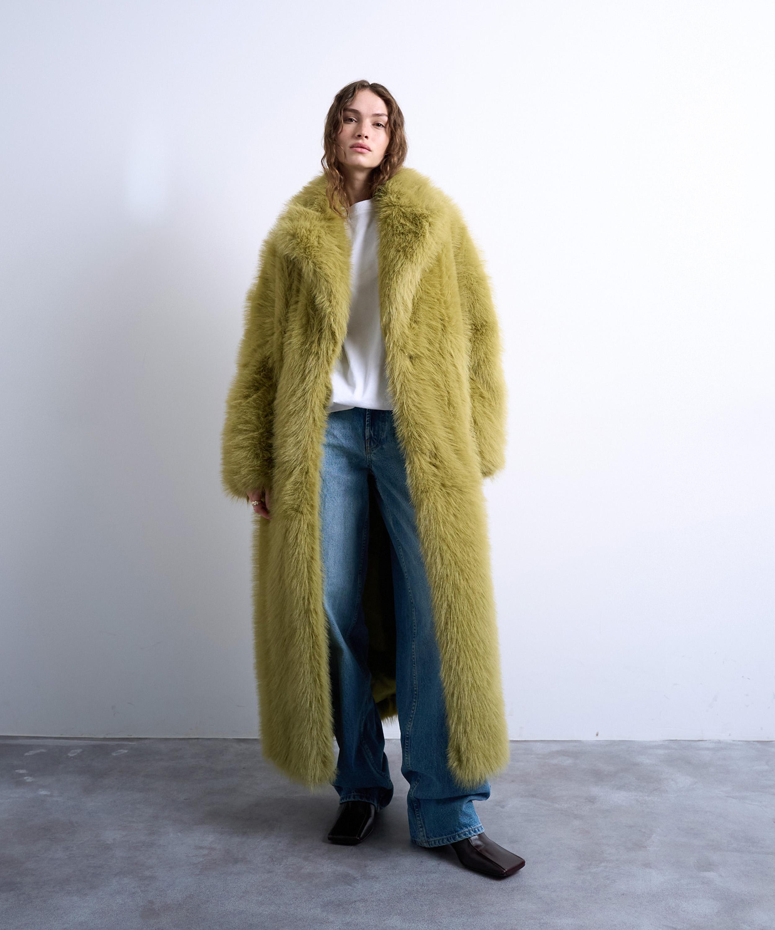 TOPSHOP - Green Faux Fur Super-Long Coat image number 0