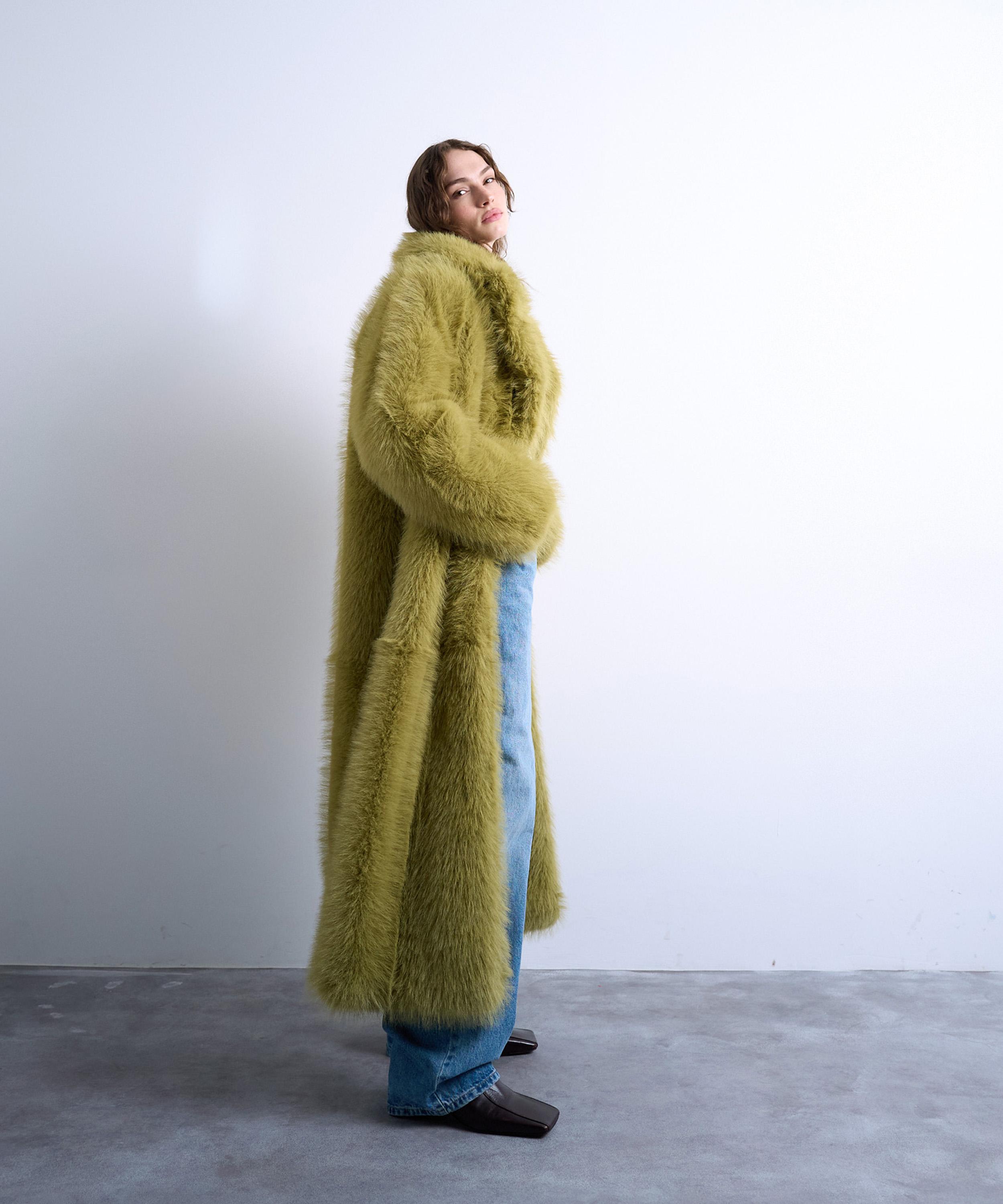 TOPSHOP - Green Faux Fur Super-Long Coat image number 1