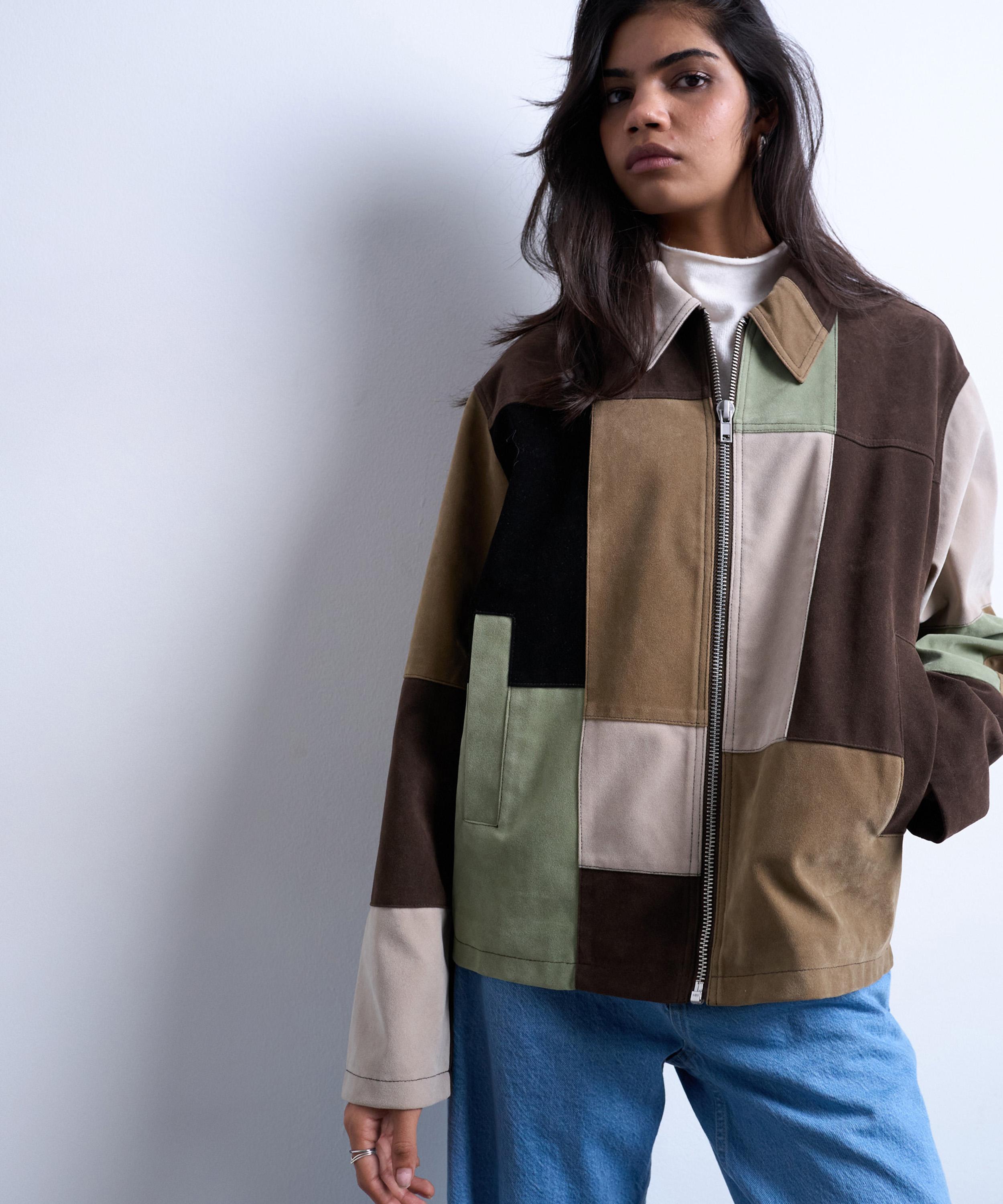 TOPSHOP - Boxy Faux Suede Patchwork Zip Through Jacket