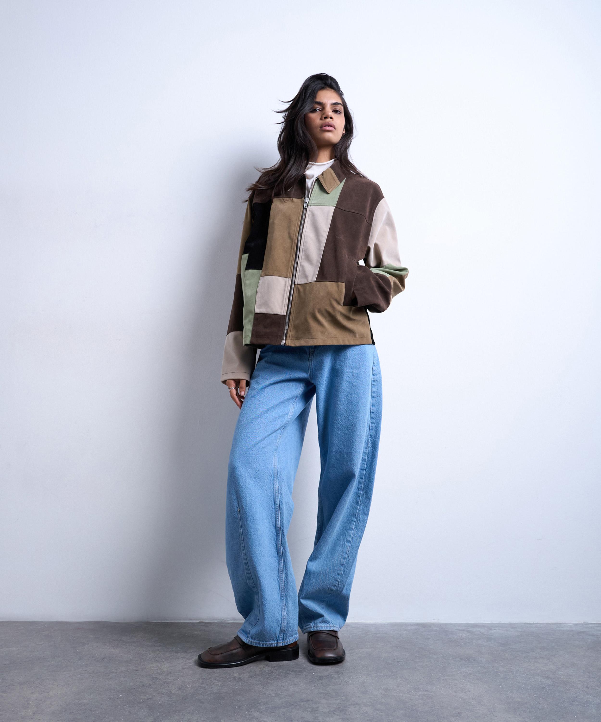 TOPSHOP - Boxy Faux Suede Patchwork Zip Through Jacket image number 1