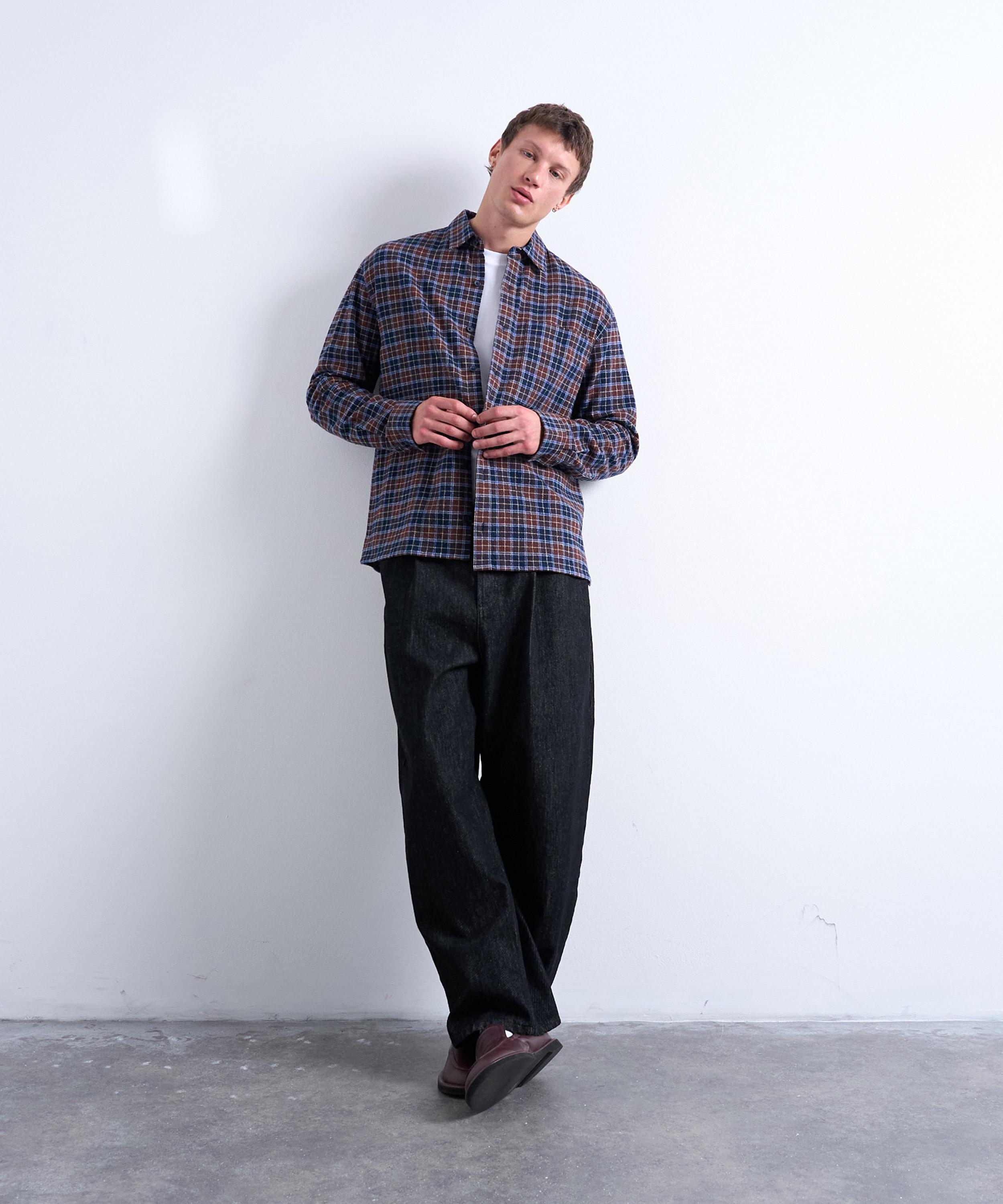 TOPMAN - Brown Check Relaxed Flannel Shirt image number 1