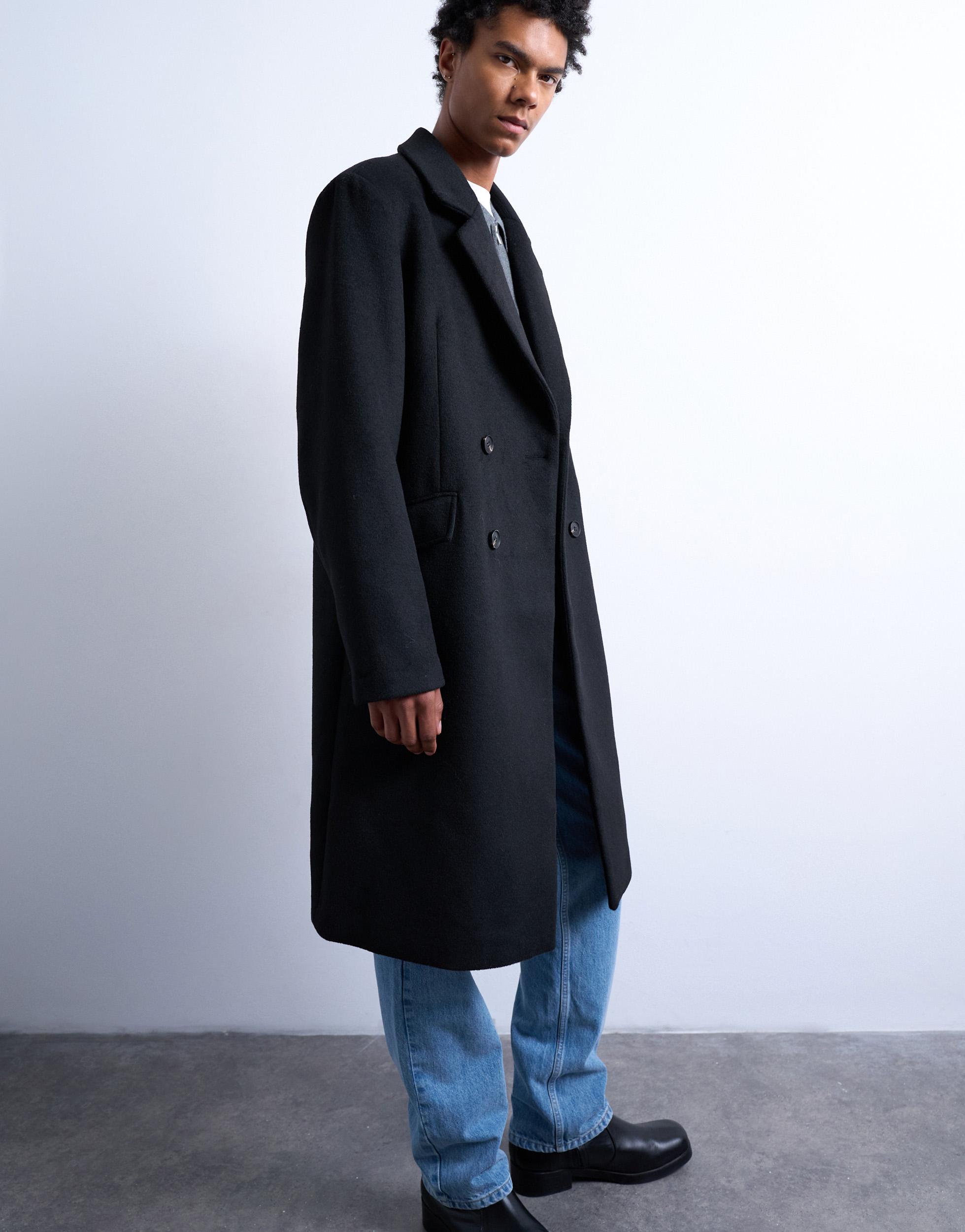 TOPMAN - Black Double-Breasted Wool-Blend Overcoat image number 2