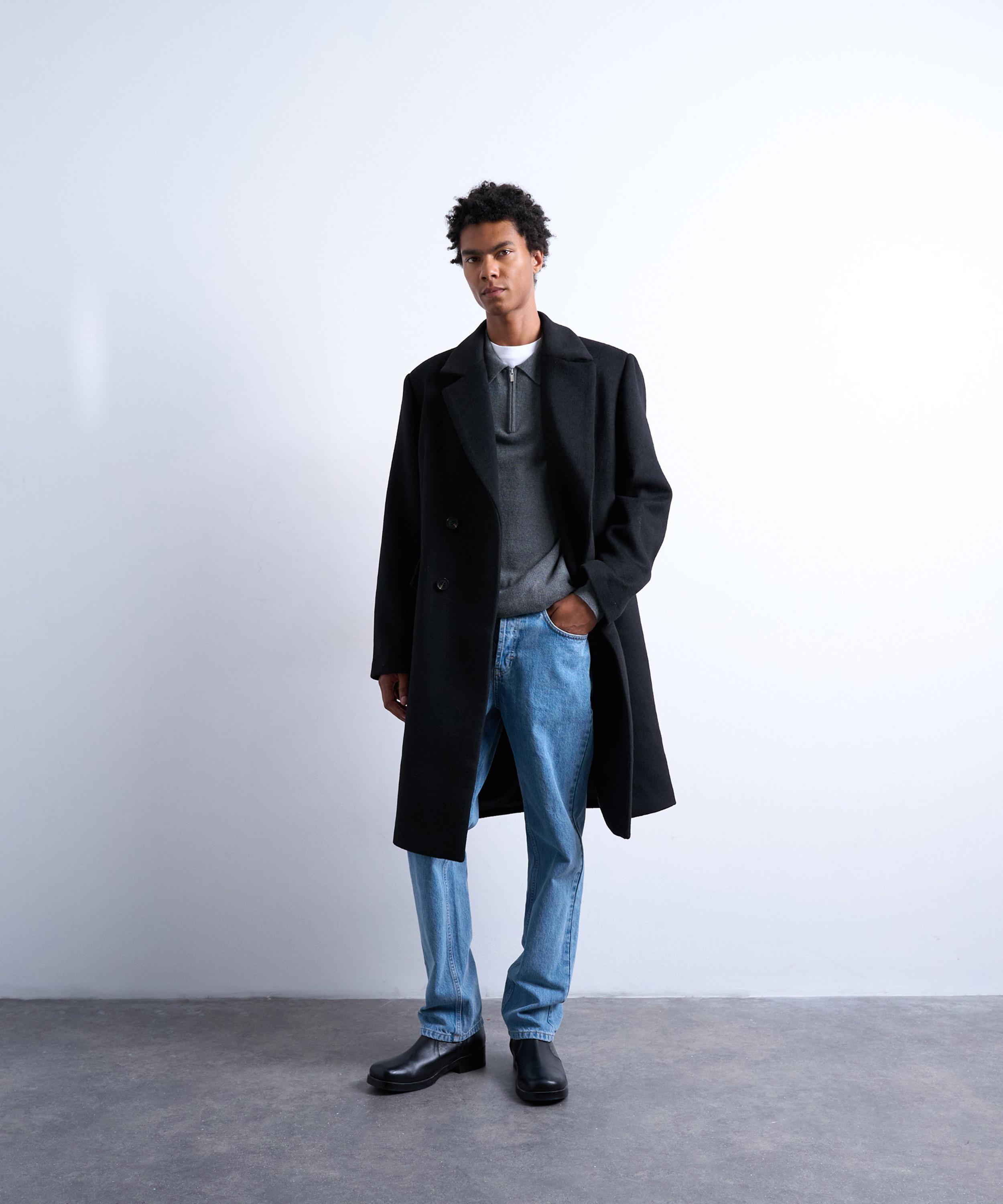 TOPMAN - Black Double-Breasted Wool-Blend Overcoat image number 4