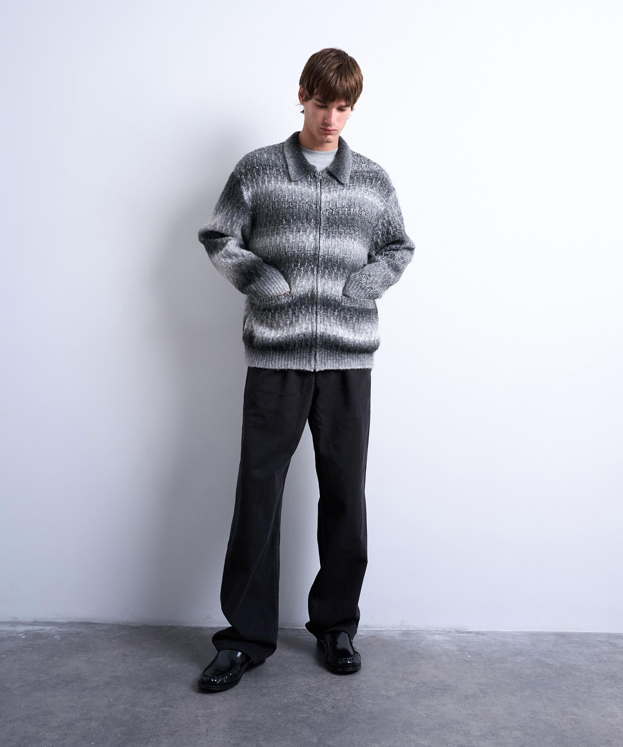 TOPMAN - Grey Knitted Blend Zip-Through Cardigan image number 1