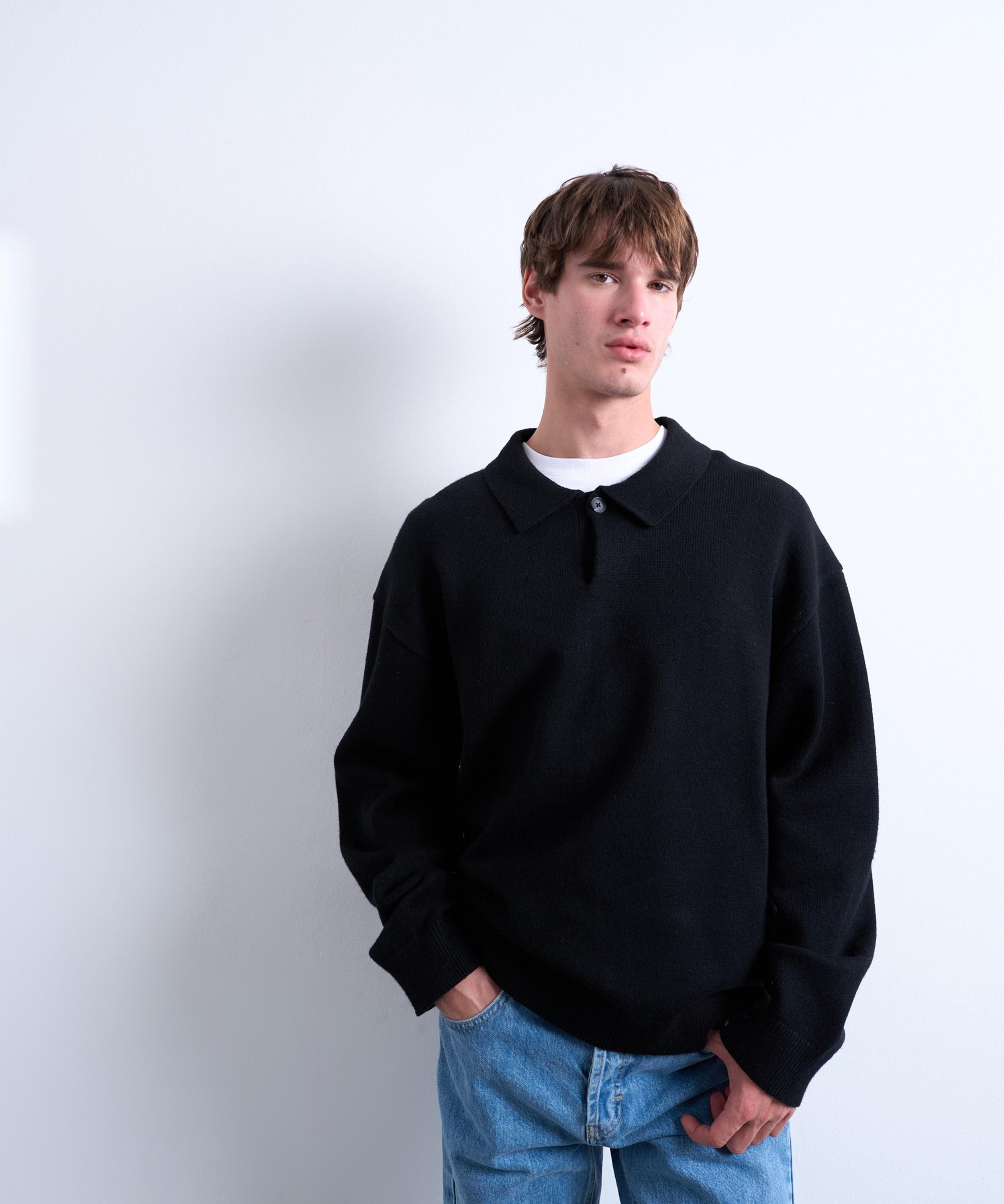 TOPMAN - Black Knitted Smart Polo Jumper