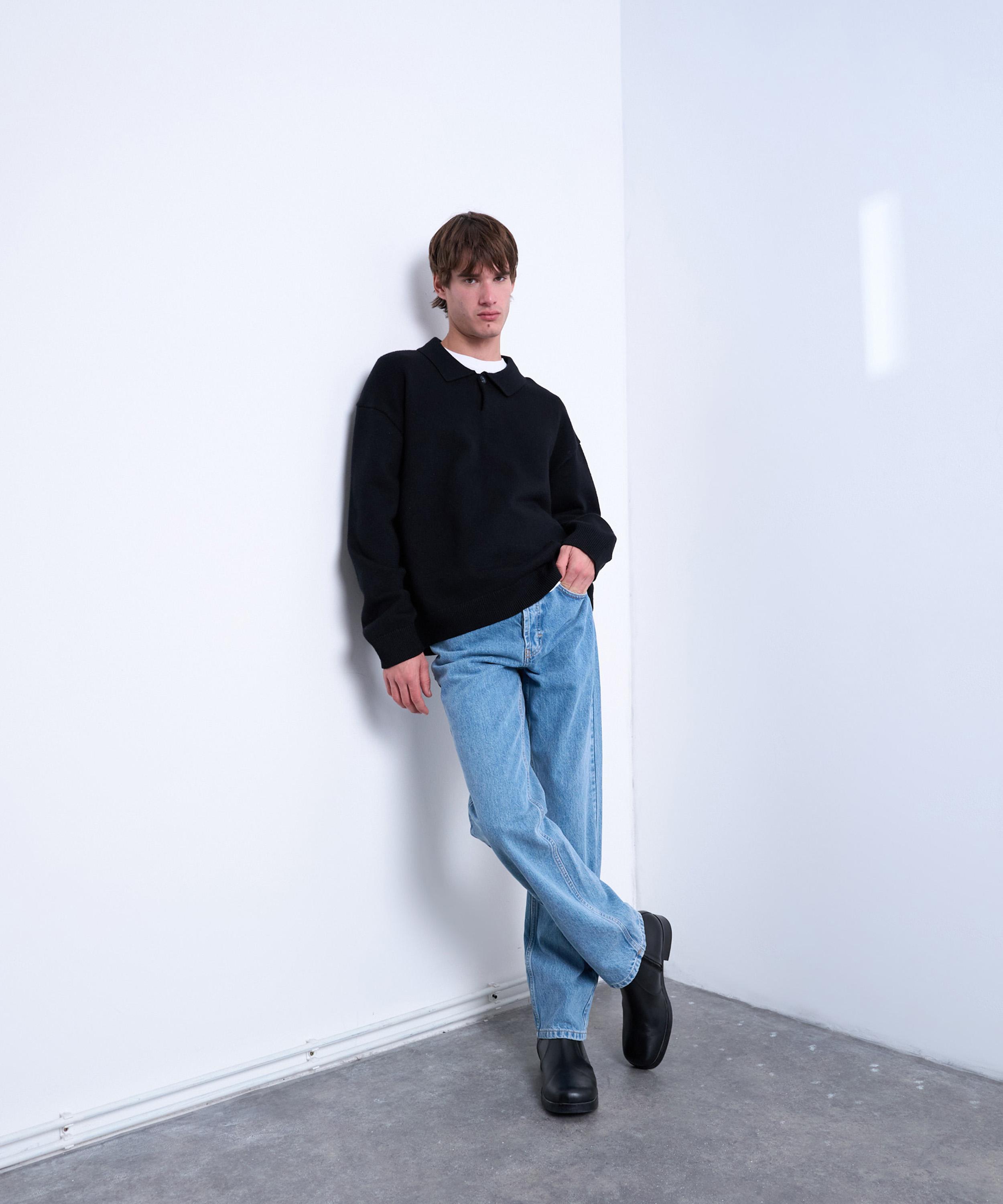 TOPMAN - Black Knitted Smart Polo Jumper image number 1