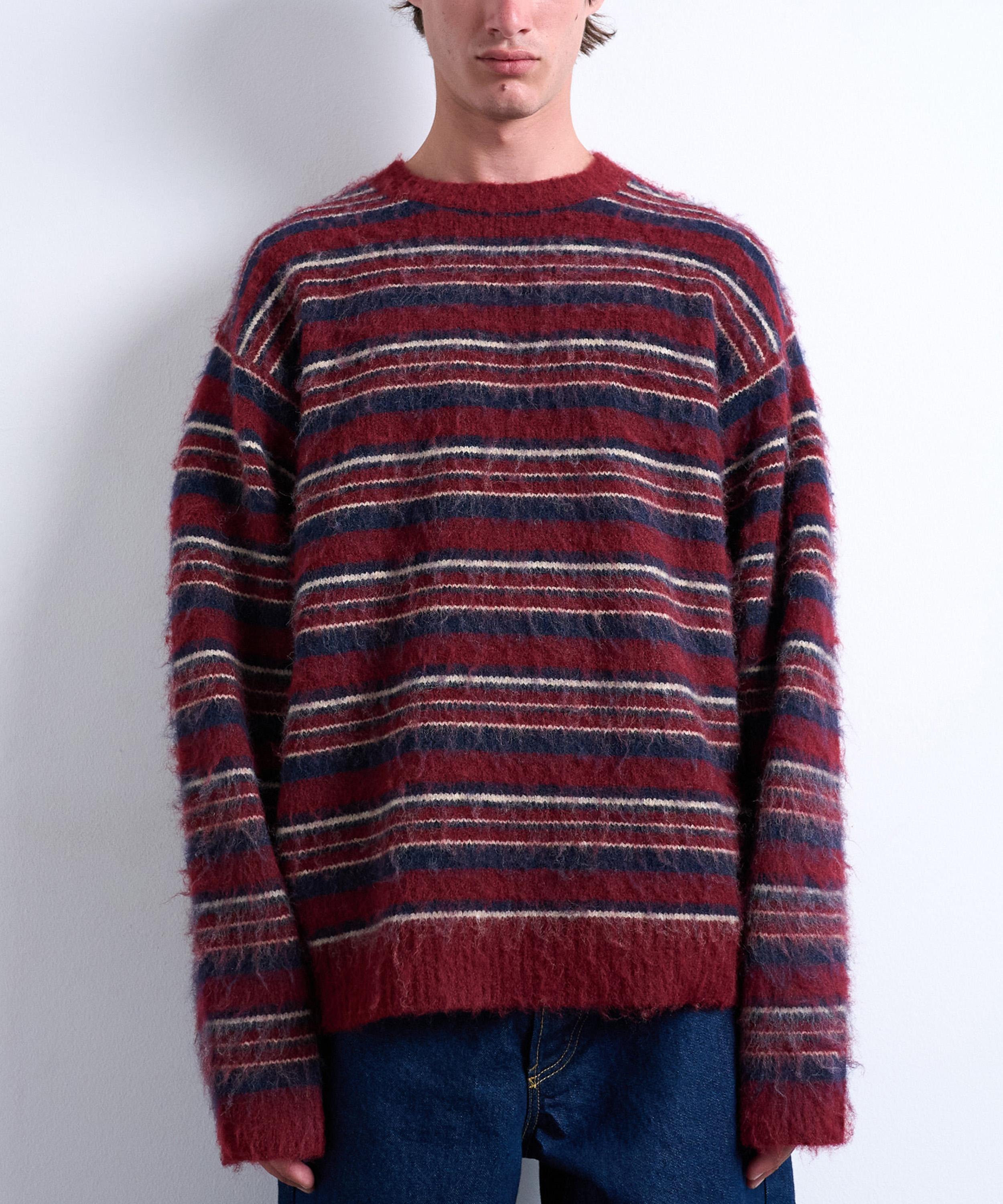 TOPMAN - Burgundy Fluffy Knit Relaxed Stripe Jumper image number 0