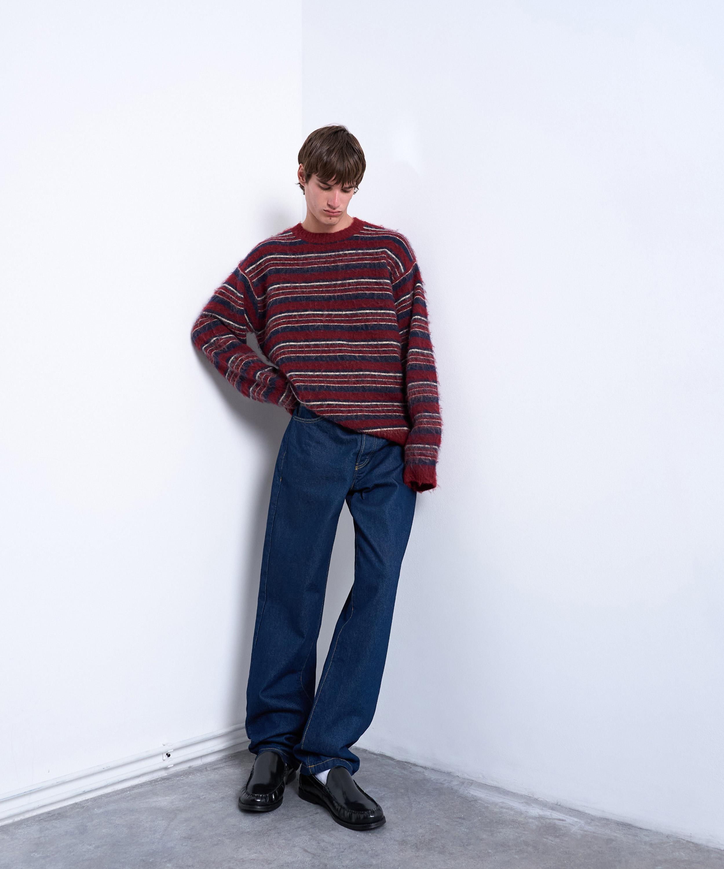 TOPMAN - Burgundy Fluffy Knit Relaxed Stripe Jumper image number 1
