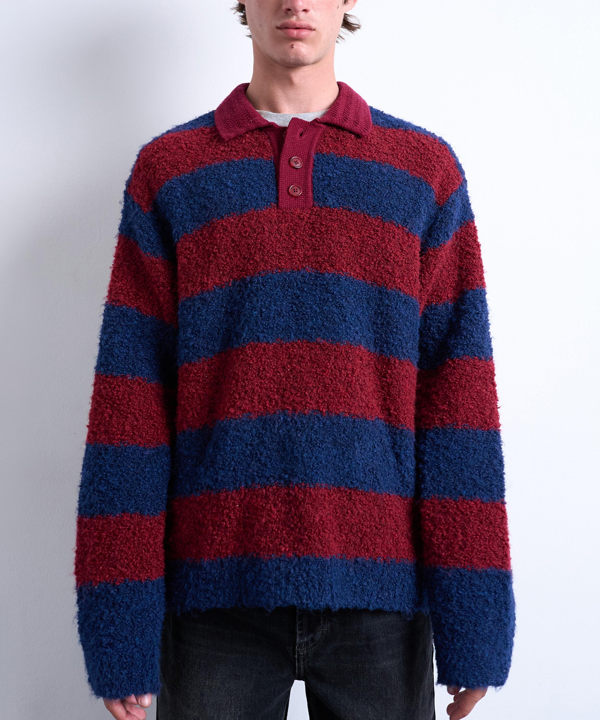 TOPMAN - Burgundy Knitted Stripe Polo Jumper