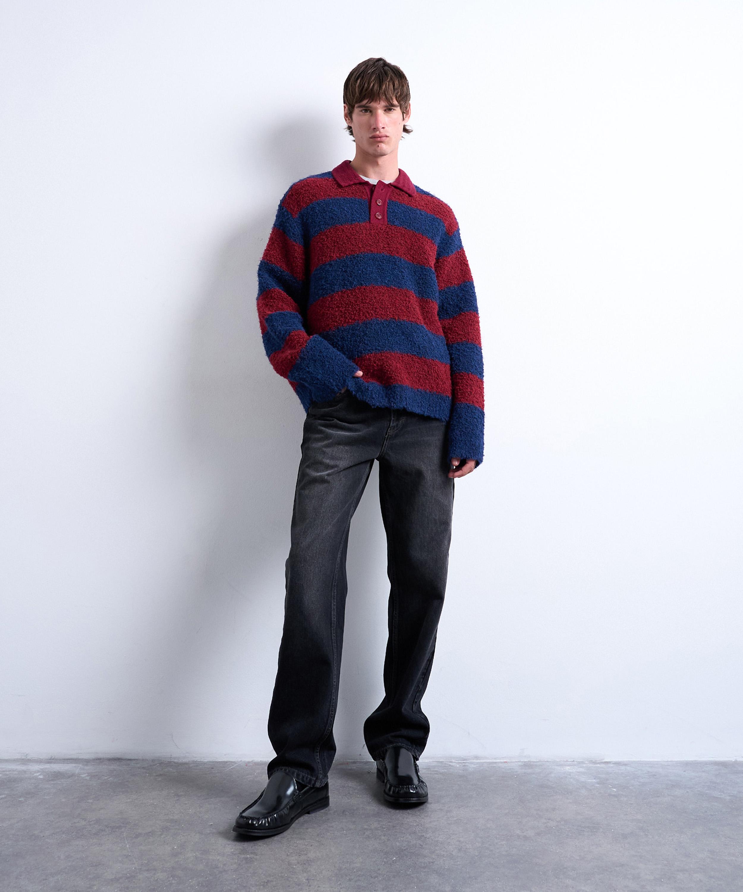 TOPMAN - Burgundy Knitted Stripe Polo Jumper image number 1