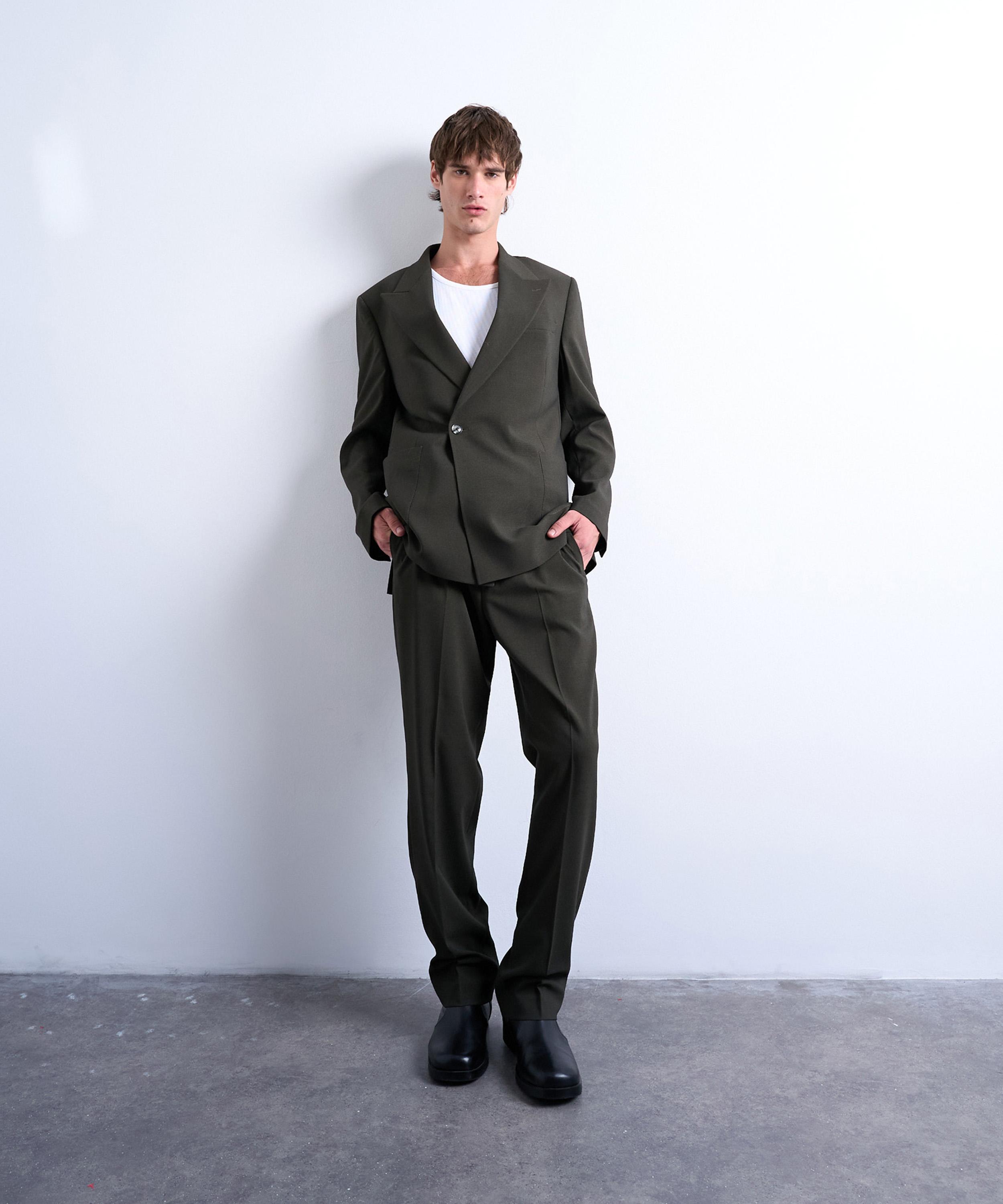 TOPMAN - Dark Green Straight Wool Trousers image number 1