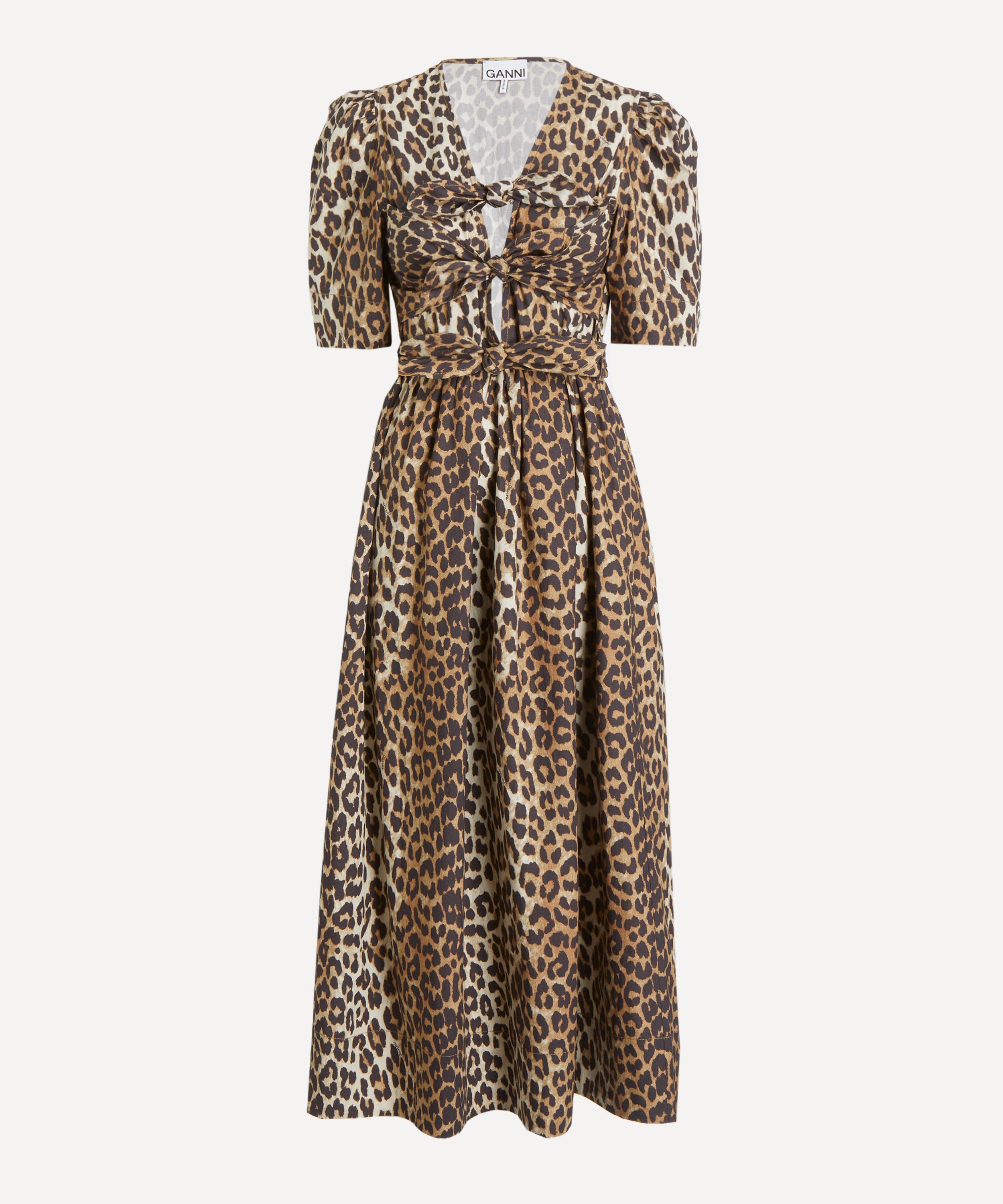Ganni - Leopard Printed Cotton Tie-Strap Midi Dress