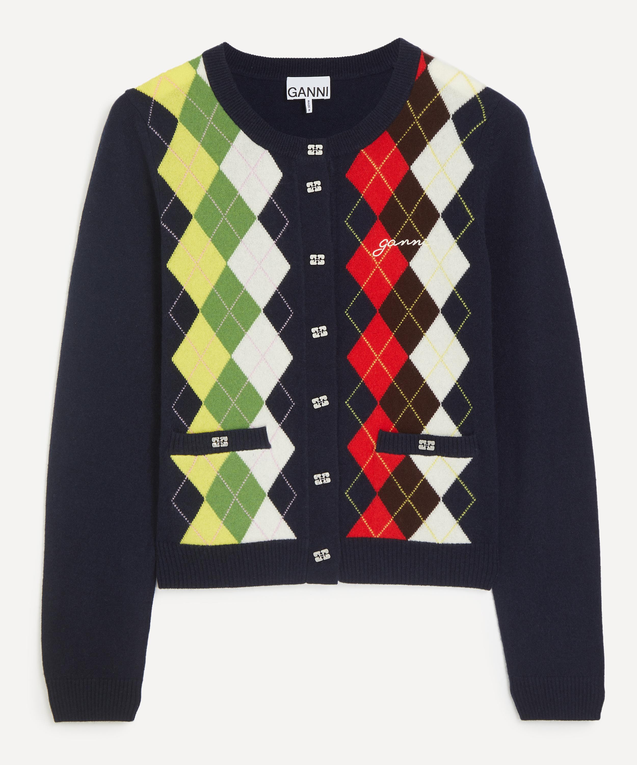 Ganni - Navy Wool-Cashmere Argyle Cardigan