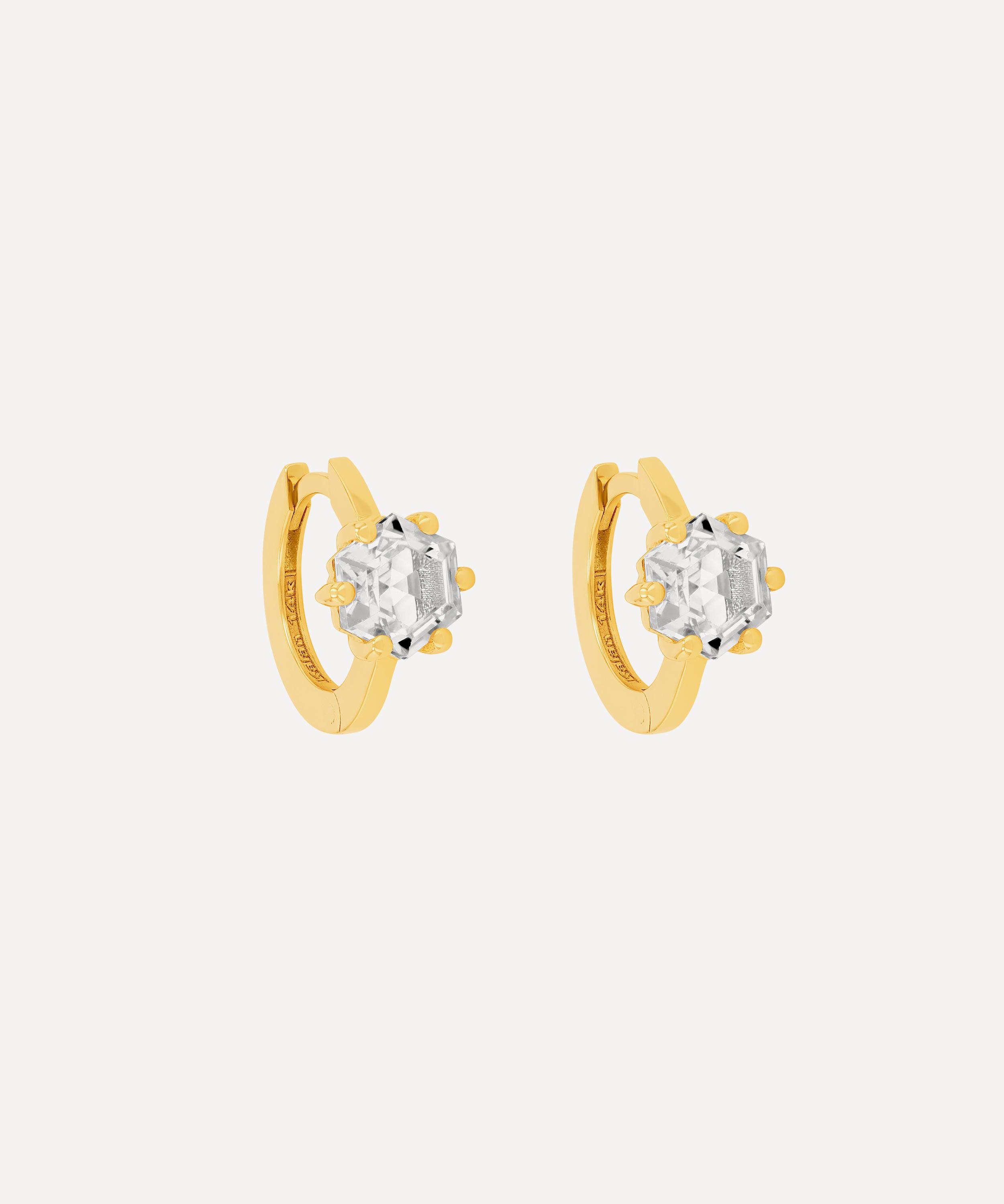 Suzanne Kalan - 14ct Gold Hexagon White Topaz Huggie Hoop Earrings