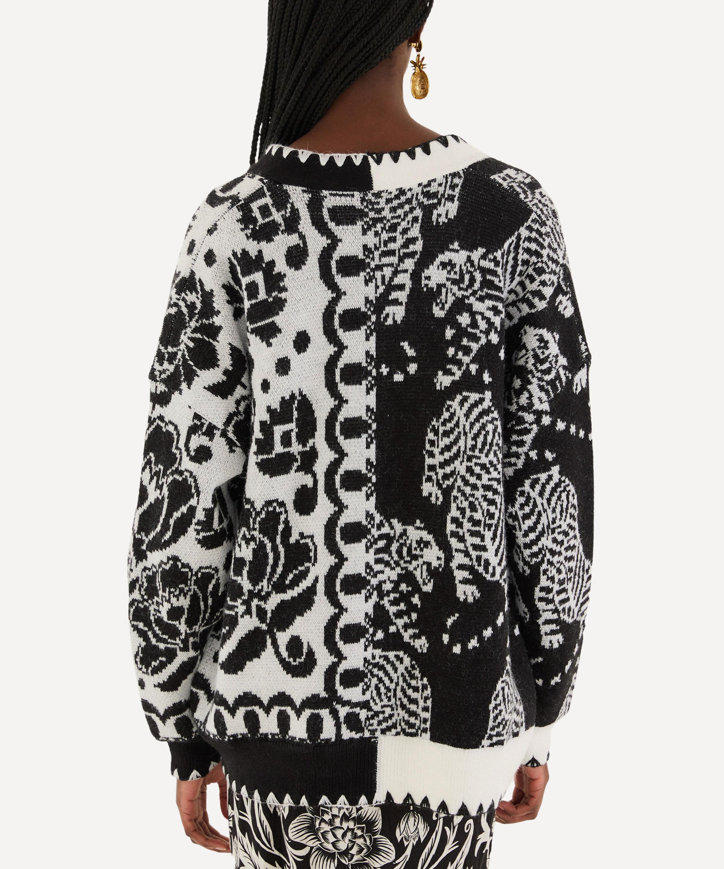 FARM Rio - Black & White Mixed Striped Tigers Buttoned Knit Cardigan image number 1