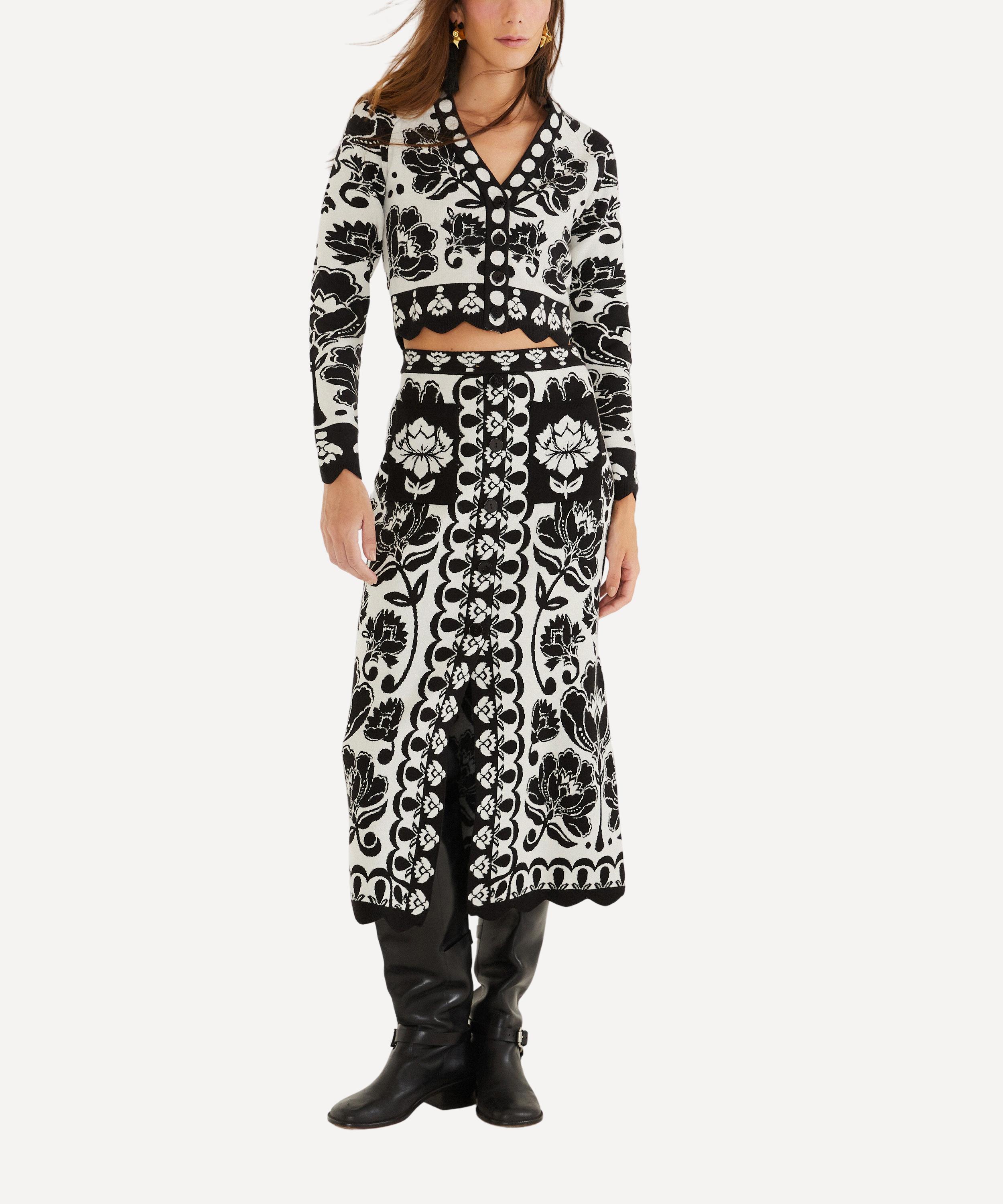 FARM Rio - Black and White Floral Arabesque Knit Midi Skirt image number 0