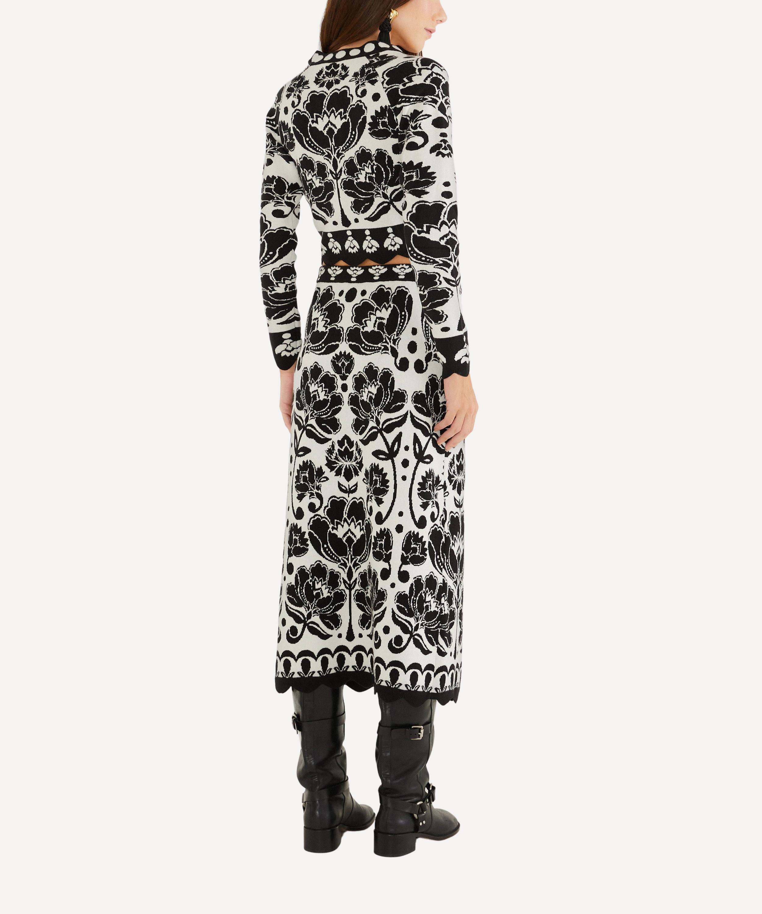 FARM Rio - Black and White Floral Arabesque Knit Midi Skirt image number 1
