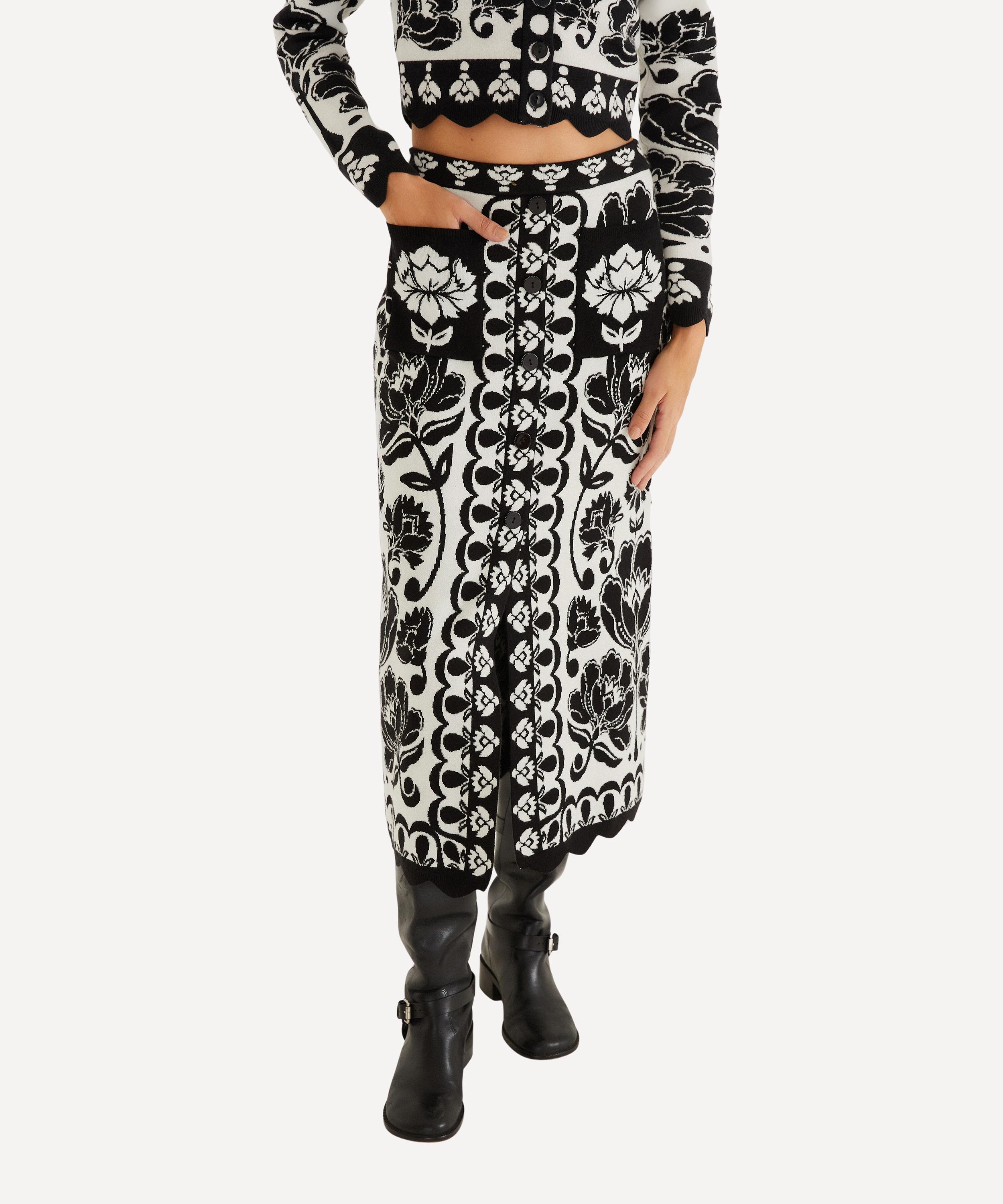 FARM Rio - Black and White Floral Arabesque Knit Midi Skirt image number 2
