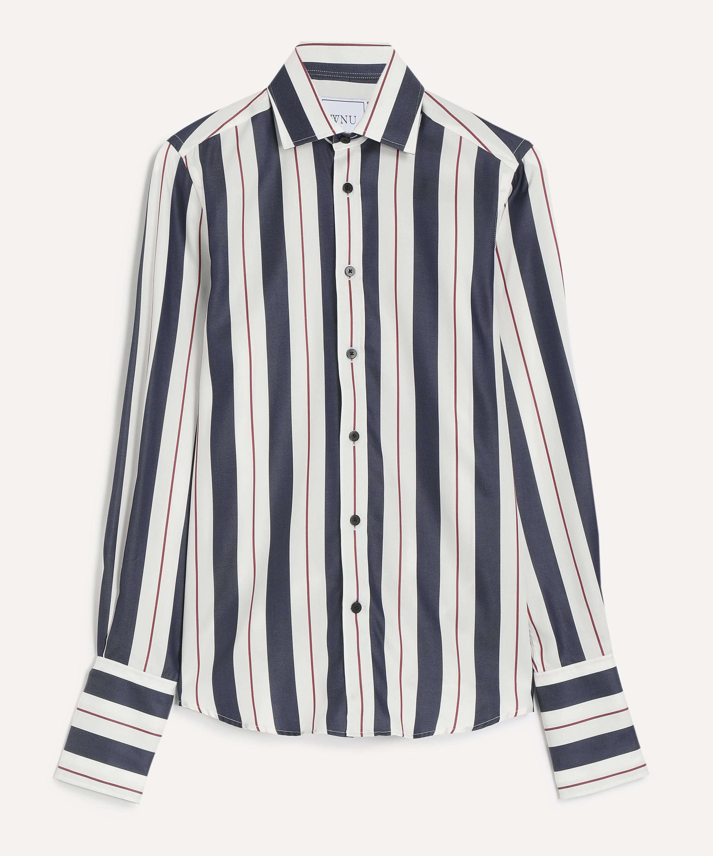 With Nothing Underneath - The Boyfriend Exaggerated Cuff Navy-Burgundy Wide Stripe Shirt