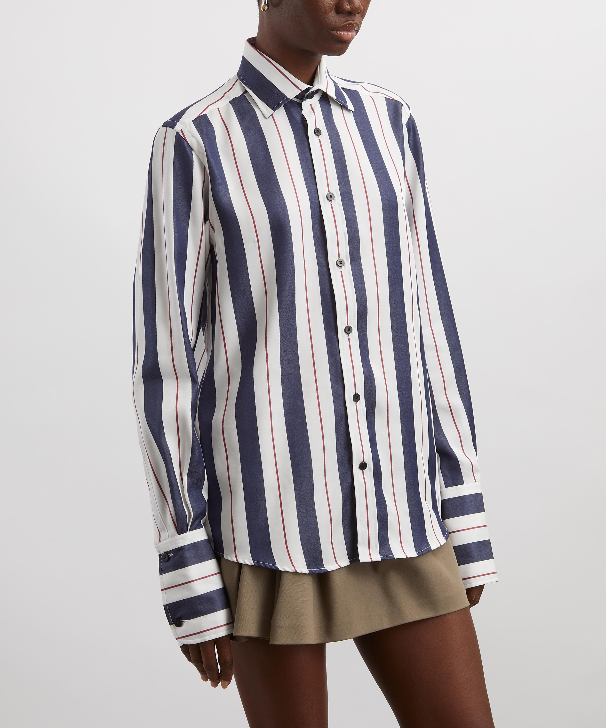 With Nothing Underneath - The Boyfriend Exaggerated Cuff Navy-Burgundy Wide Stripe Shirt image number 2