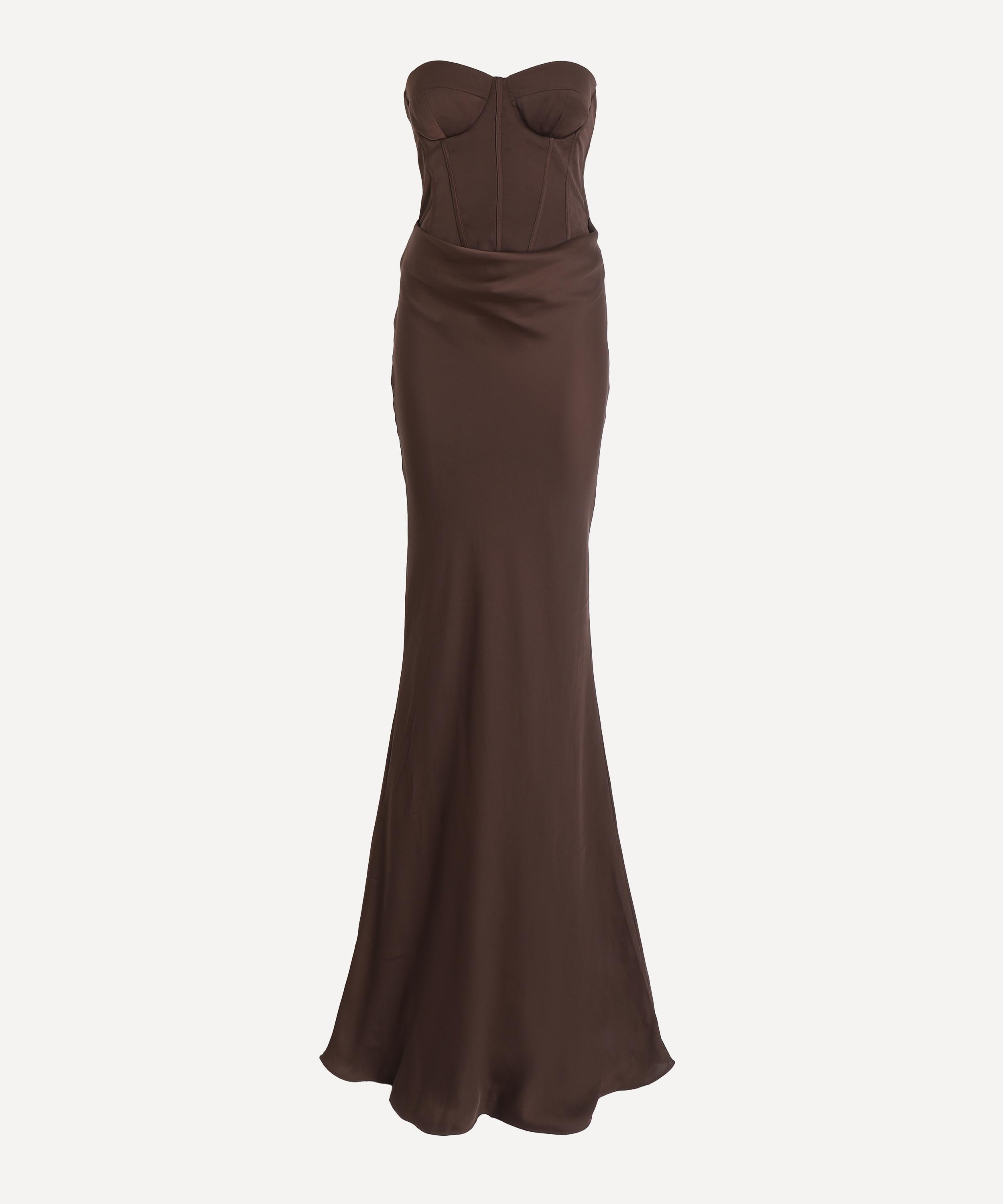 ROTATE Birger Christensen - Brown Satin Corset Maxi Dress
